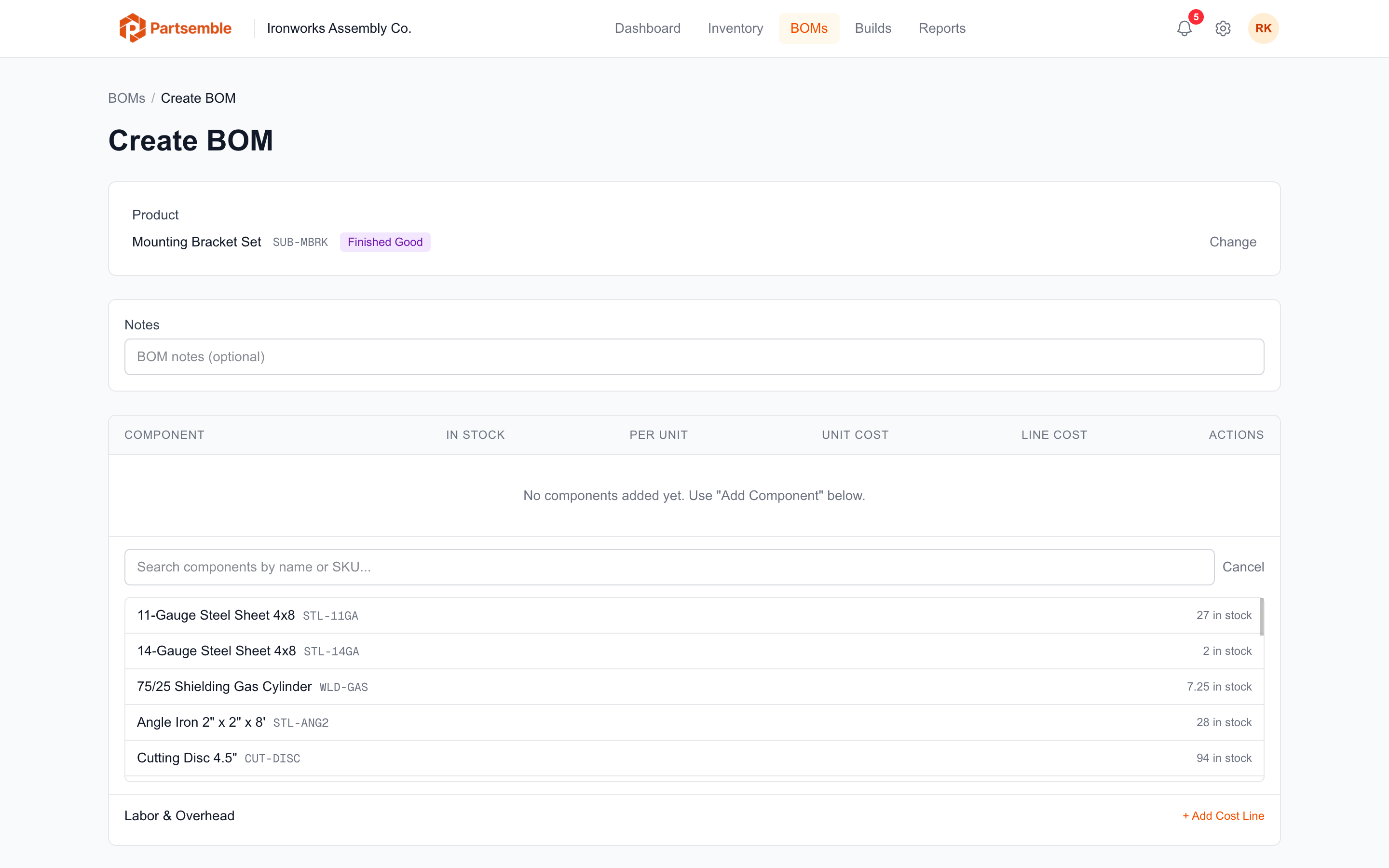 BOM component picker searching for products to add by name or SKU