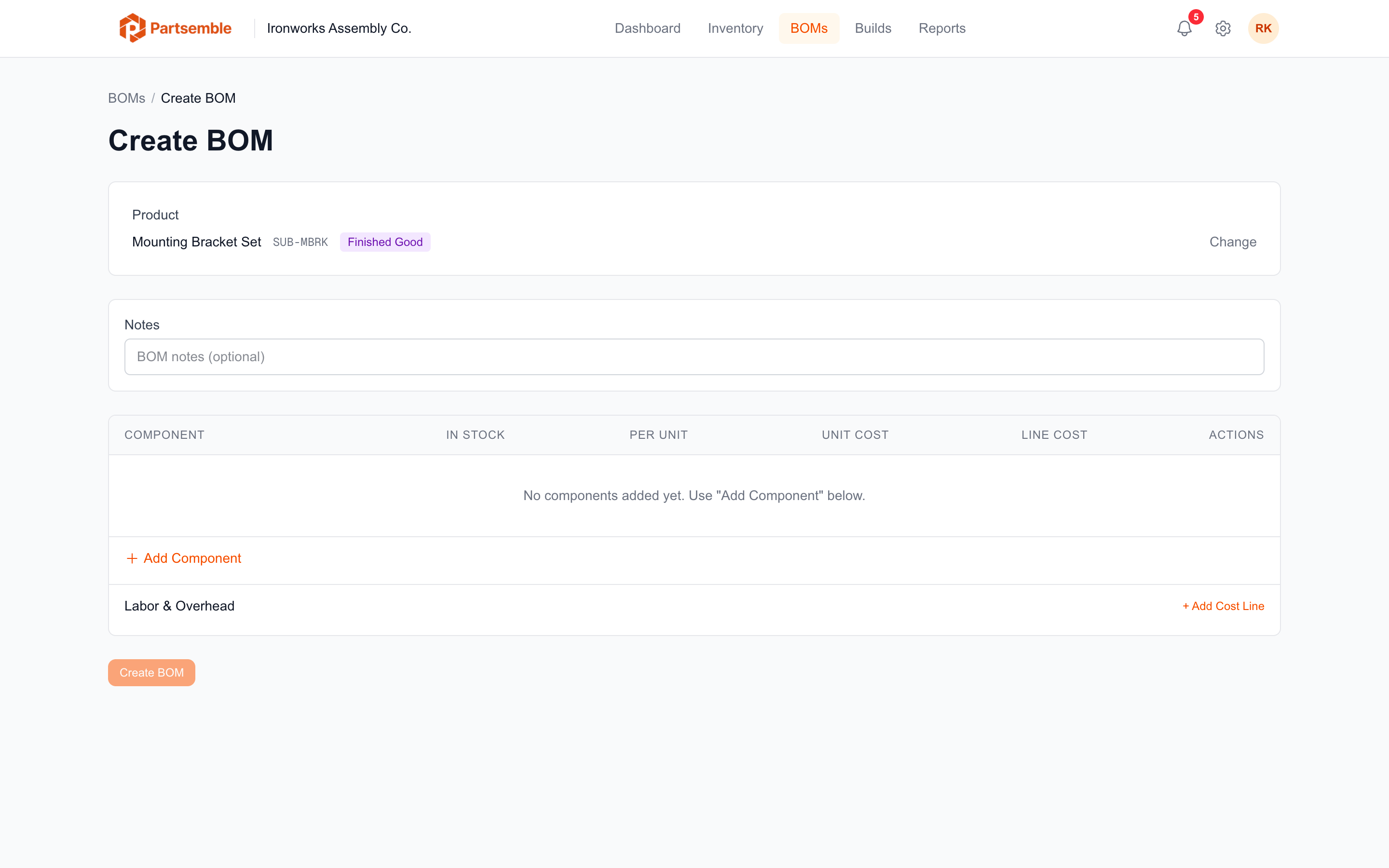 BOM creation modal with product selector and initial fields