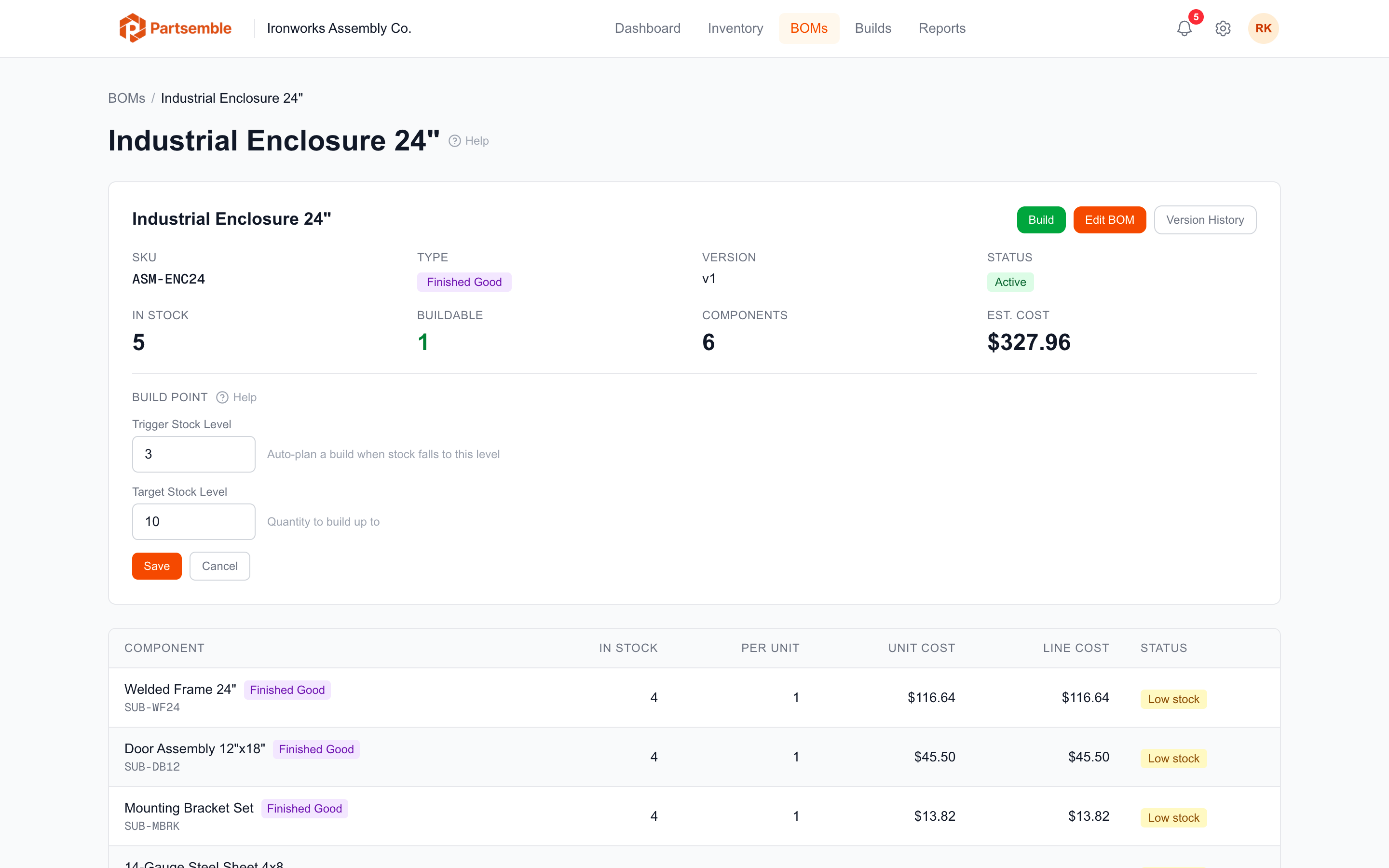 BOM detail page showing the build point and target stock level fields