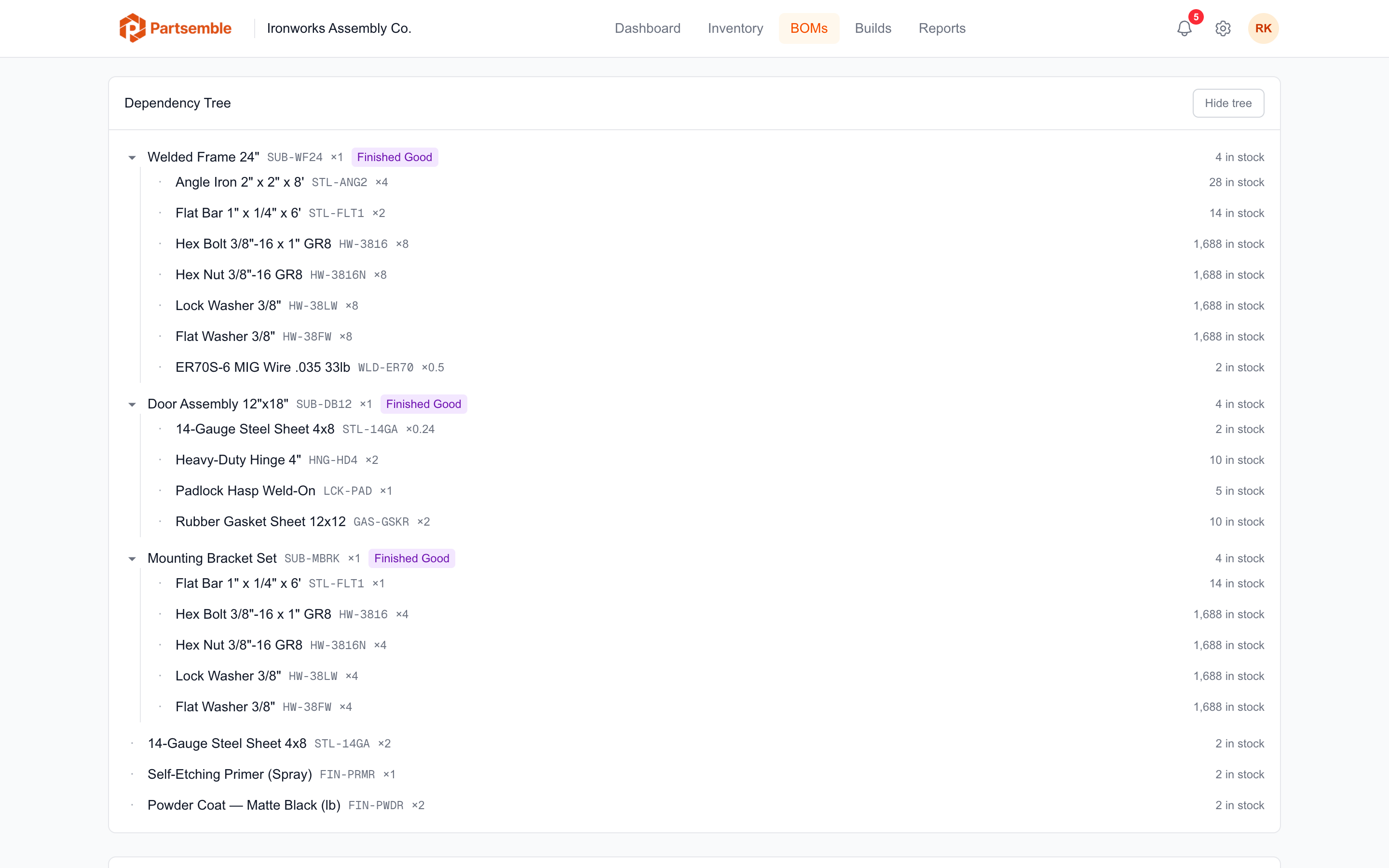 BOM detail with a nested sub-assembly indicator expandable to its child components
