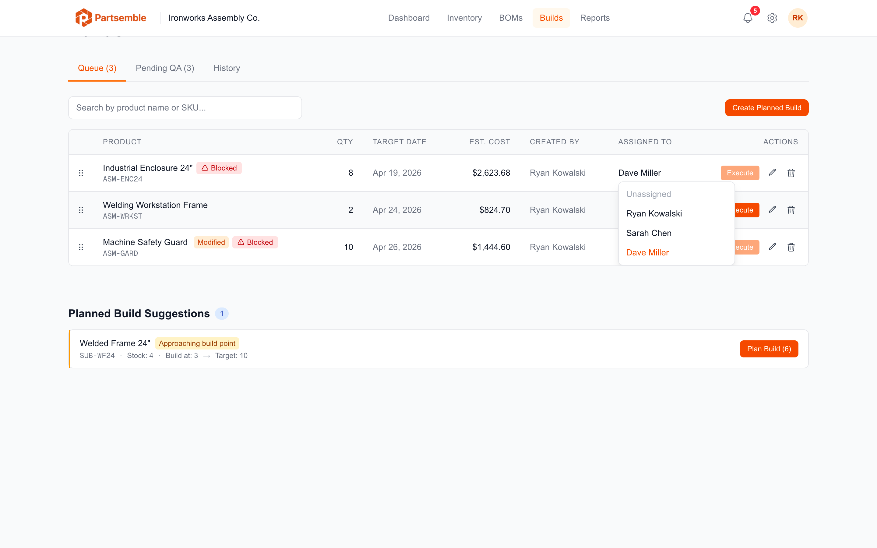 Planned build form with the Assigned to dropdown for team member selection