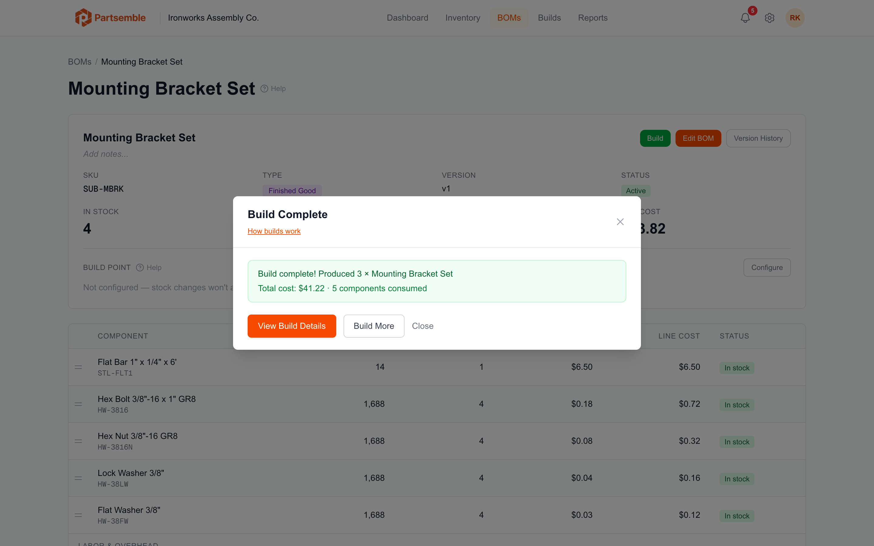 Build execution confirmation showing consumed components and produced quantity