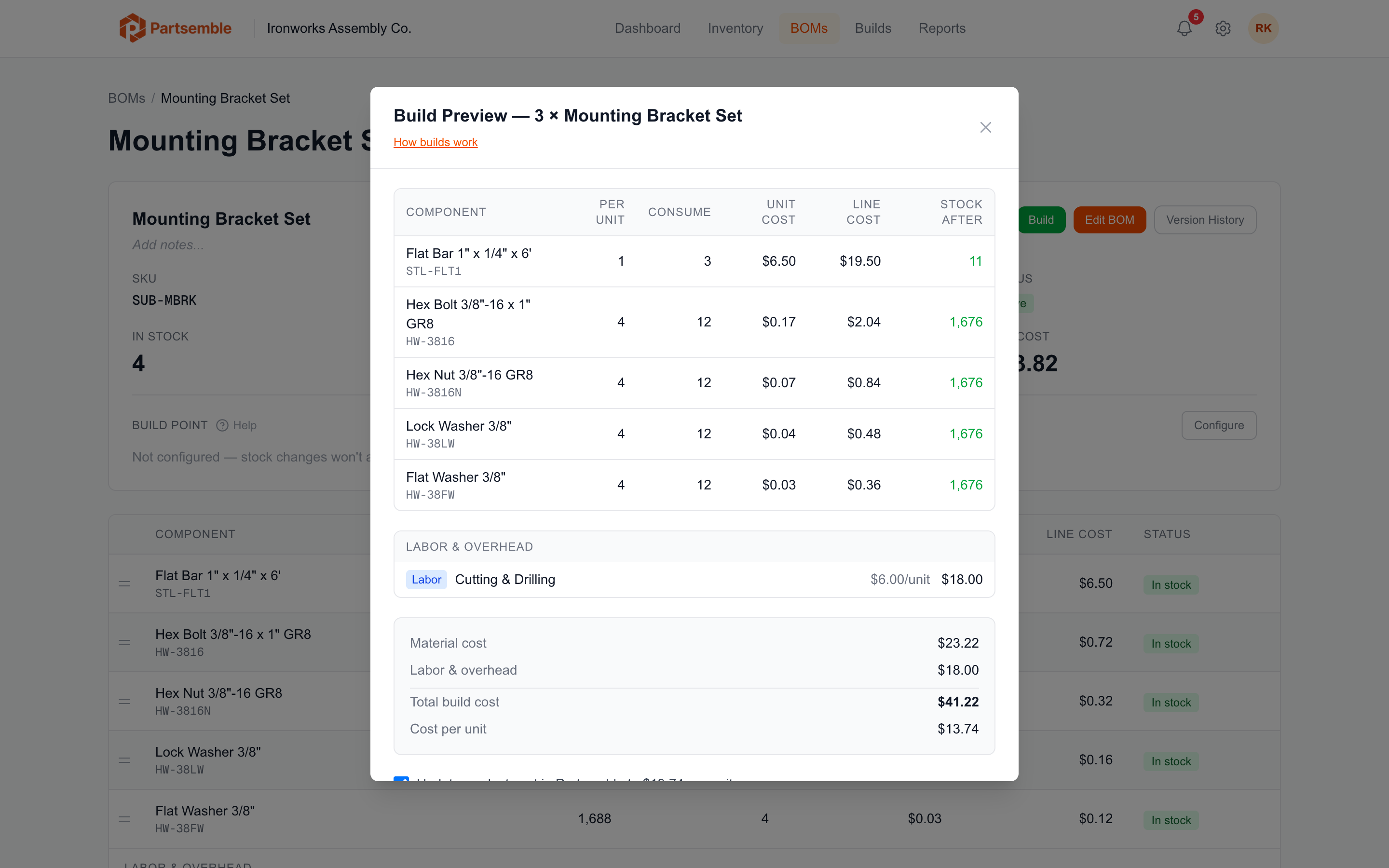 Build execution preview showing component consumption and cost impact before confirming