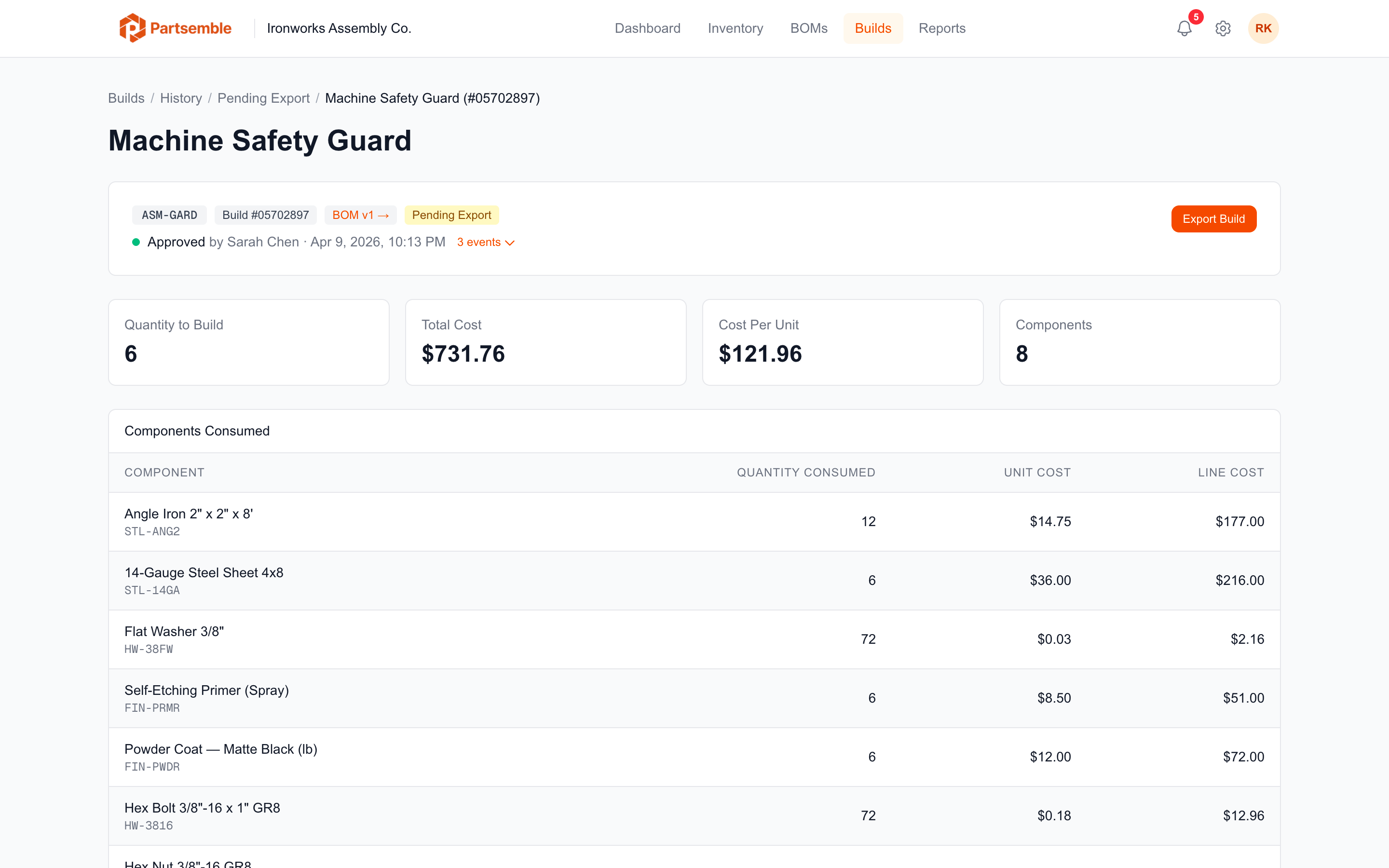 Build detail showing the export action for sending a build to accounting
