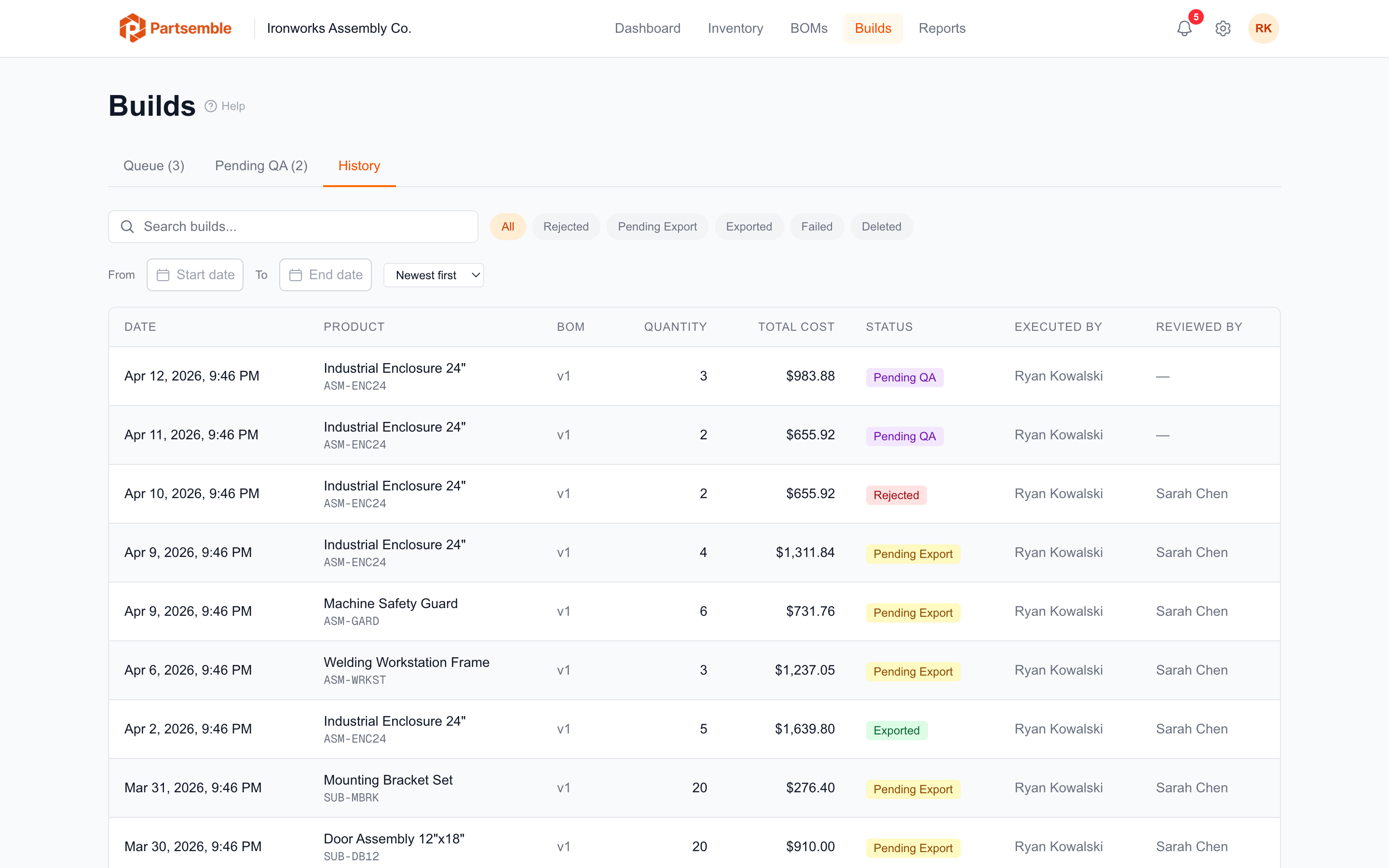 Build history page listing completed builds with status, cost, and executing user