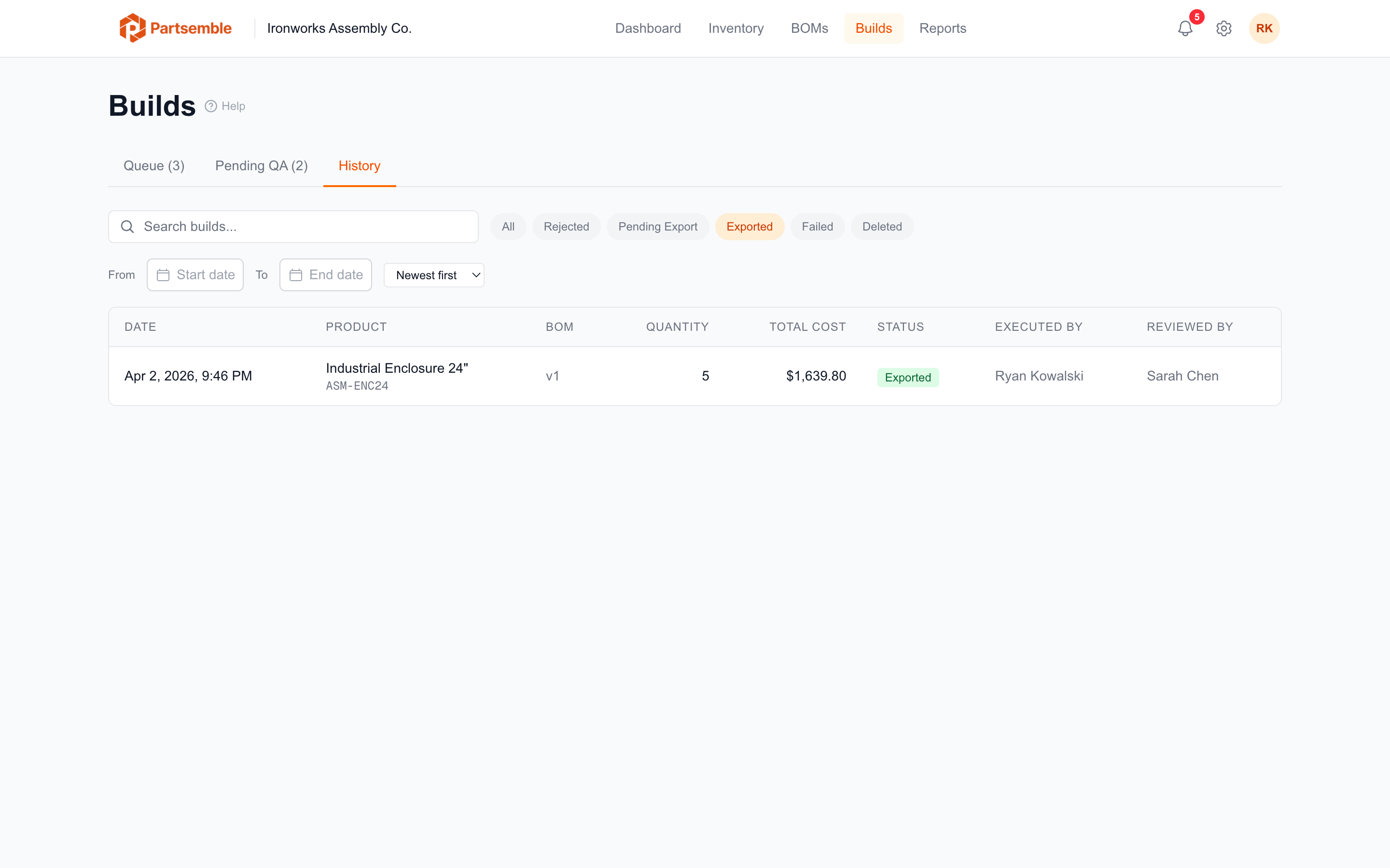 Build history filtered to exported builds with synced status badges