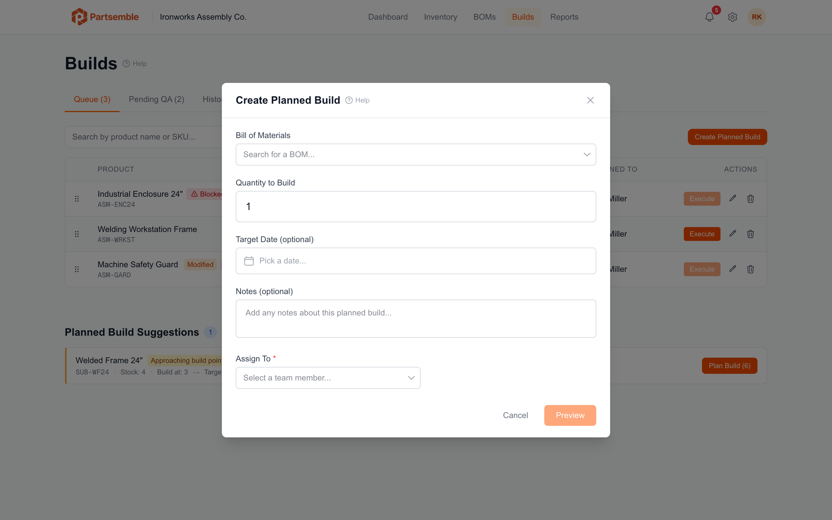 Planned build modal with product, quantity, target date, and assignment fields