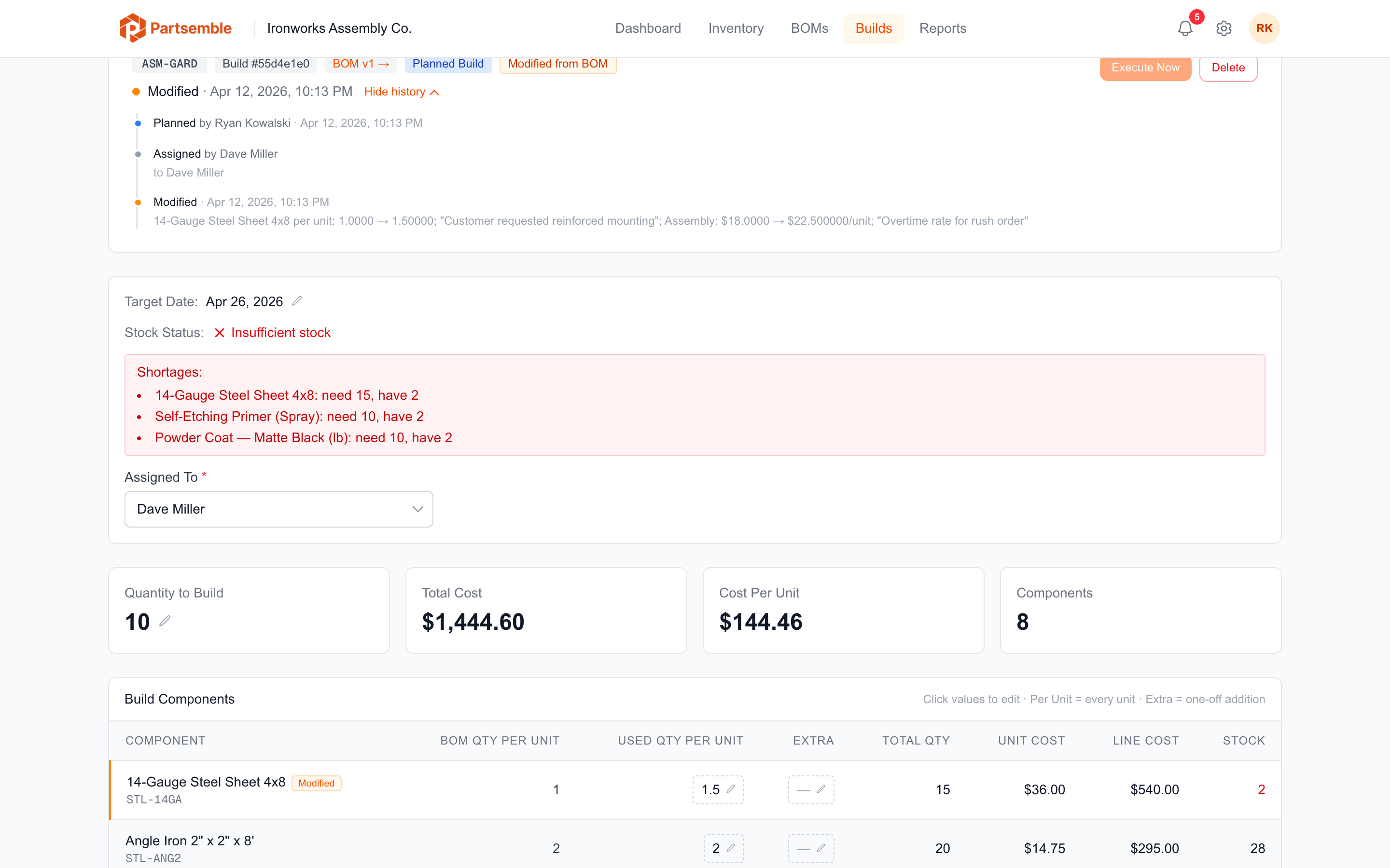 Planned build edit view with editable lines and modified-from-BOM indicators