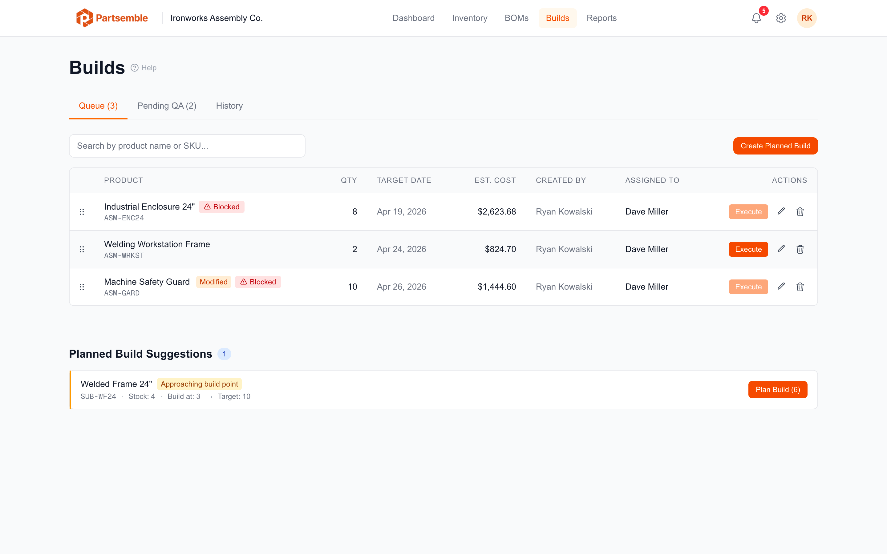 Build queue showing planned builds with priority, target dates, and assignments