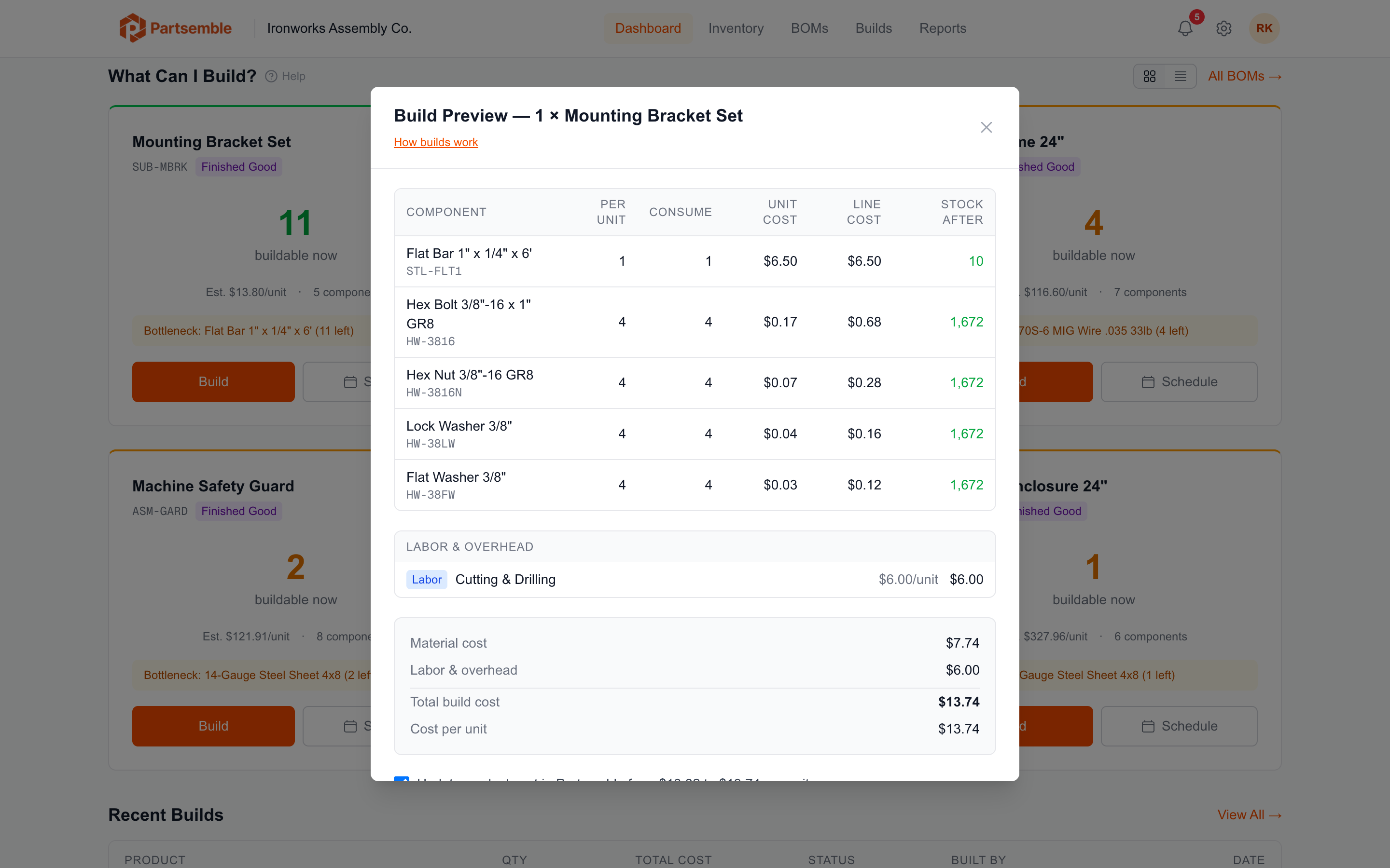 Quick Build modal with product selector and quantity field