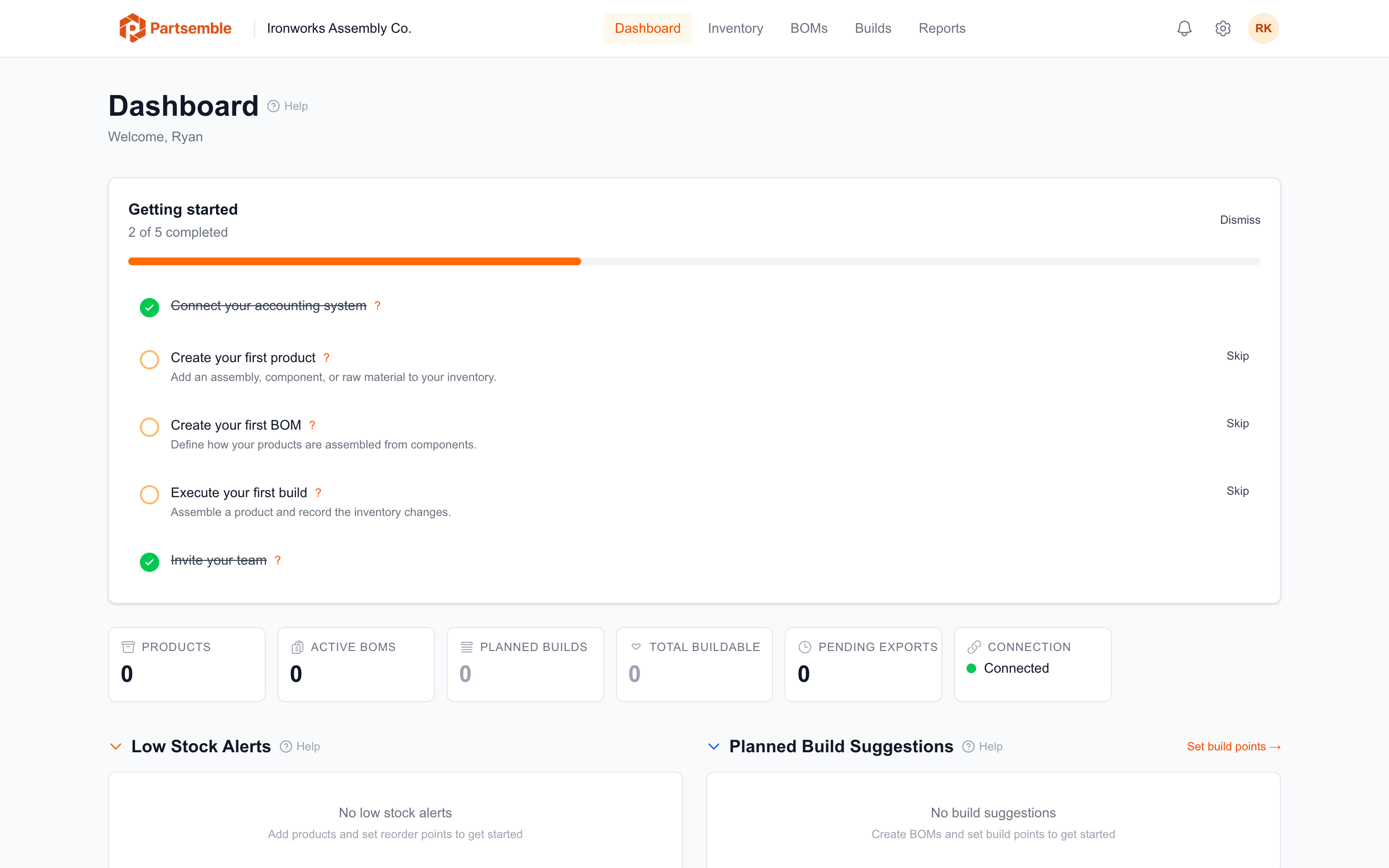 Post-setup dashboard checklist with recommended next steps