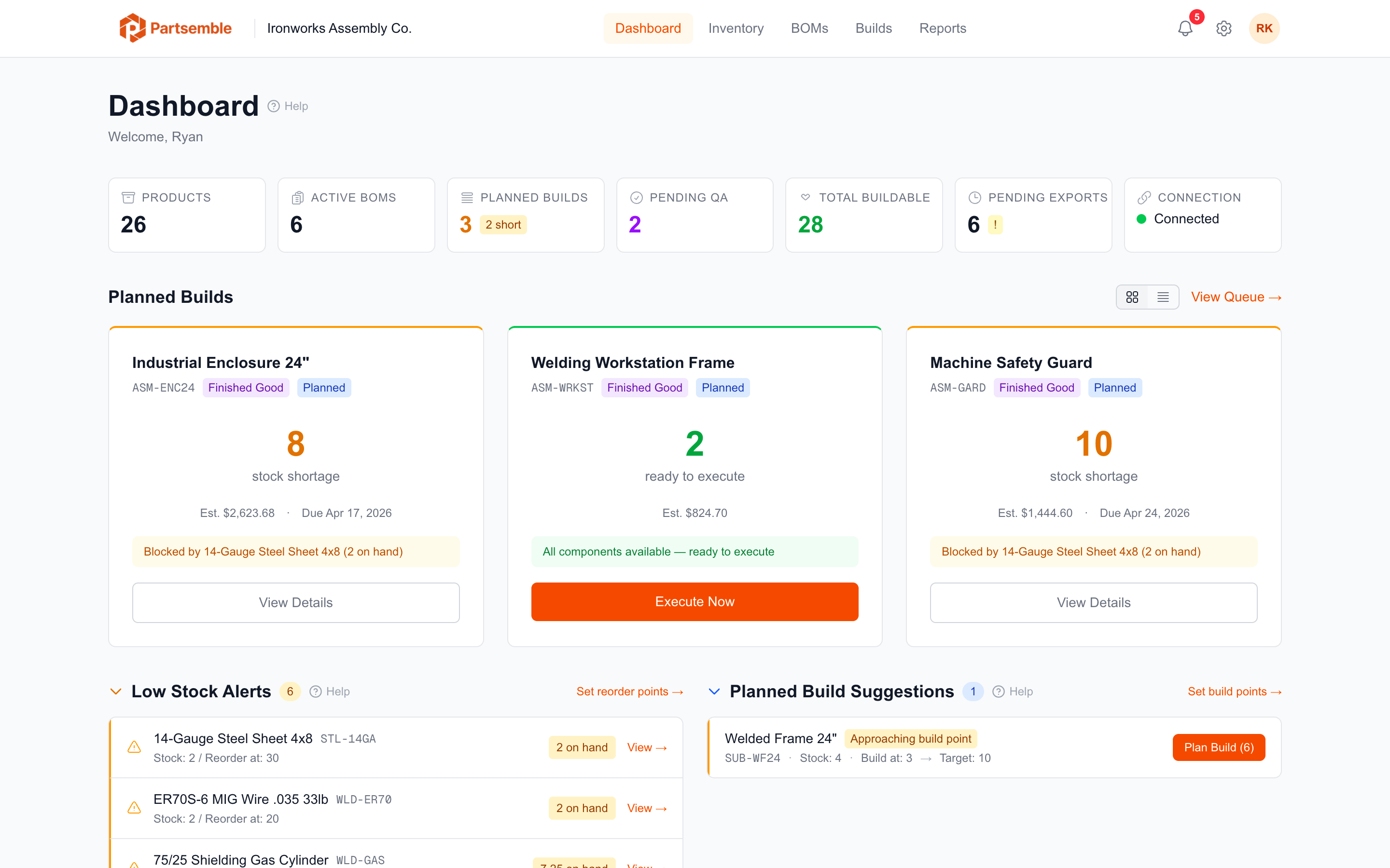 Partsemble dashboard with stats bar, planned builds, low stock alerts, and recent activity