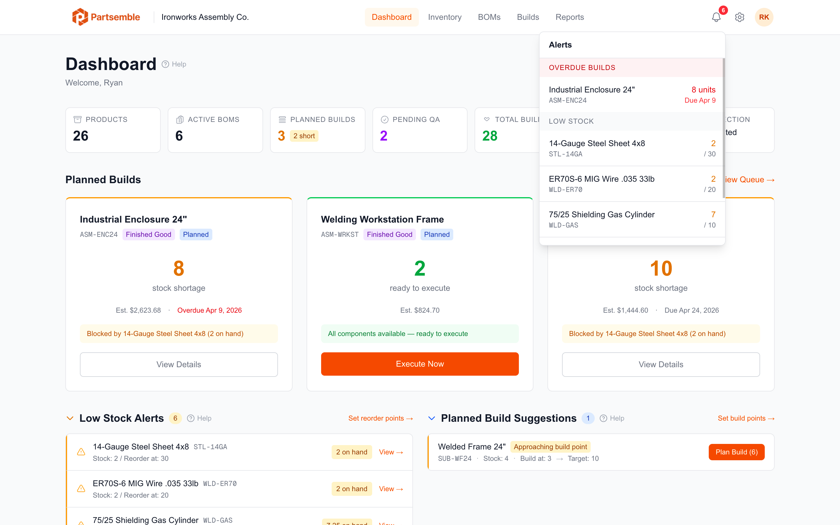 Dashboard planned builds section listing upcoming and overdue builds in the queue