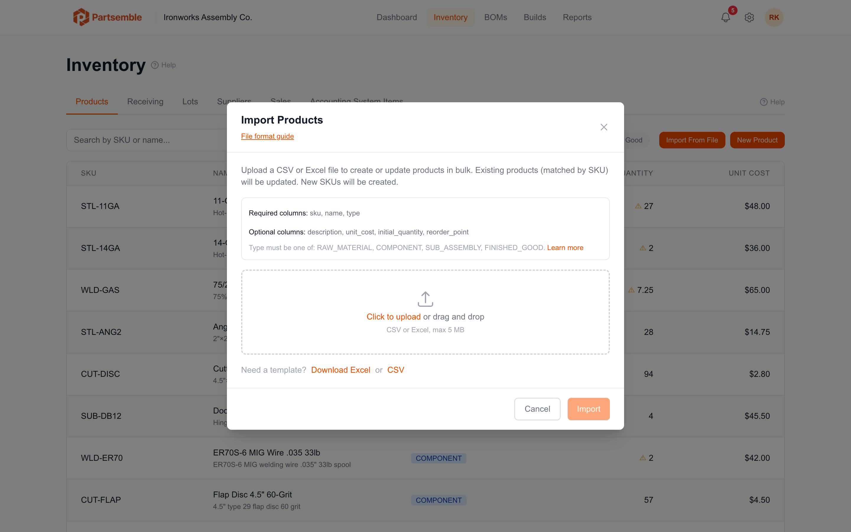 Product import modal with file upload and template download