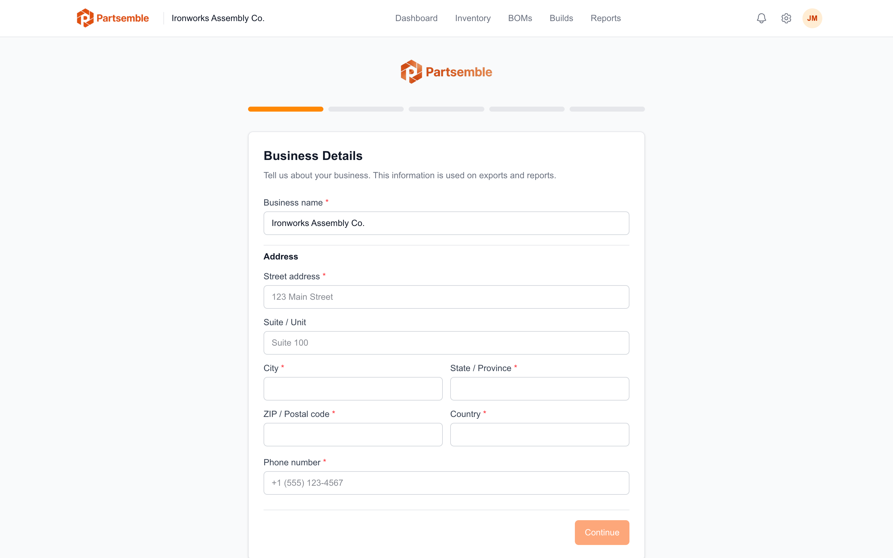 Onboarding wizard first step collecting business details