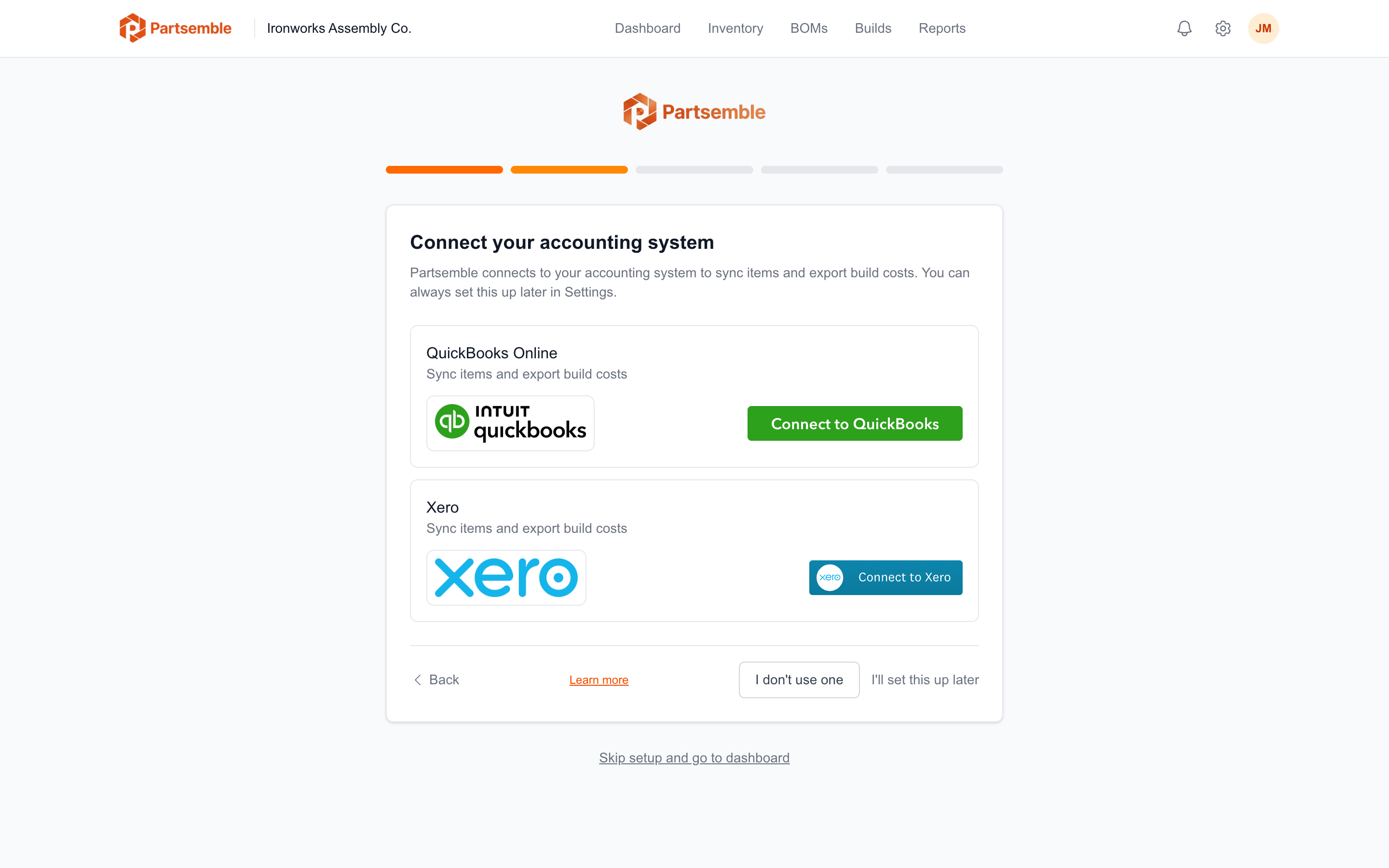 Onboarding wizard step offering accounting system connection options