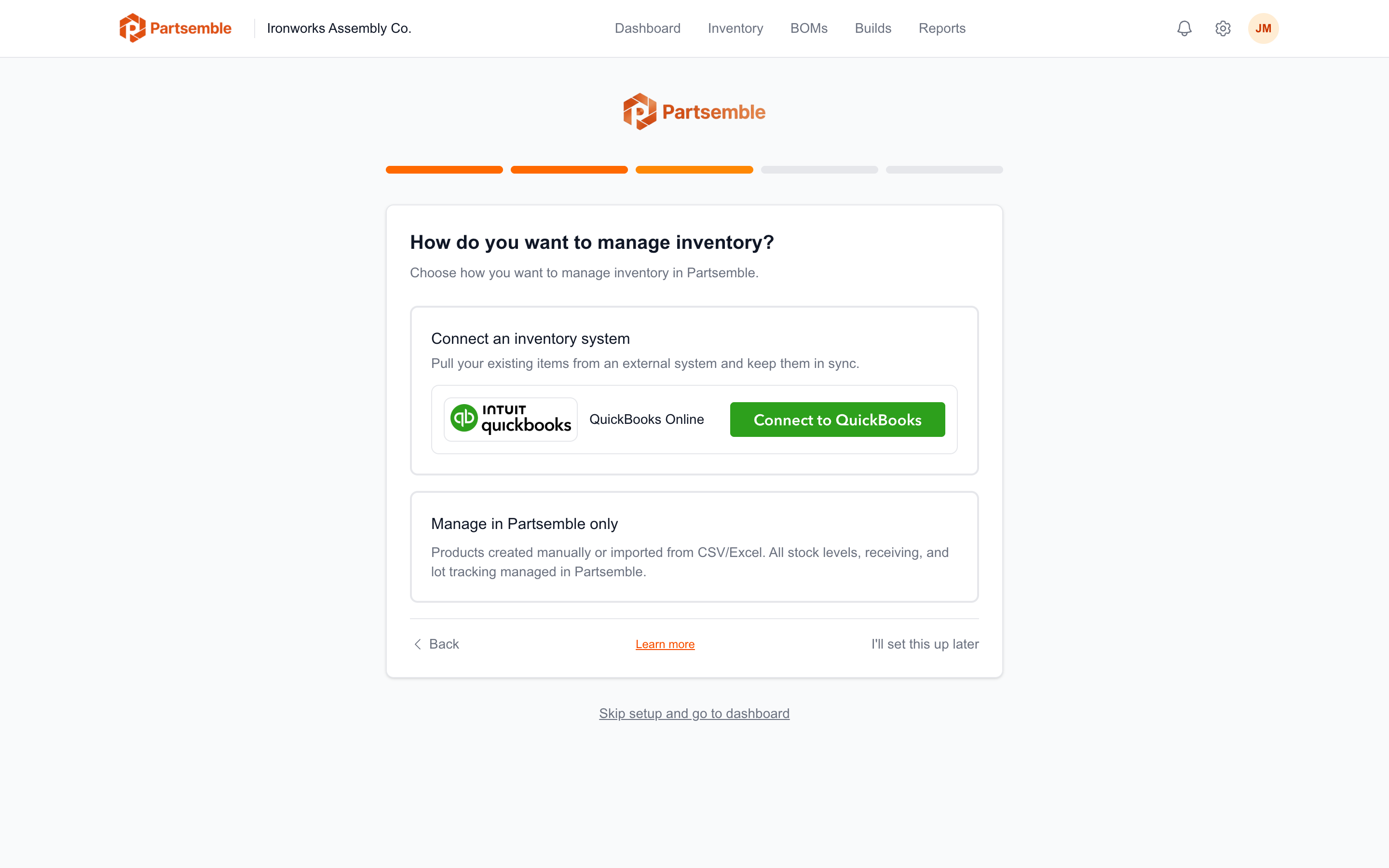Onboarding wizard step asking how to source inventory data