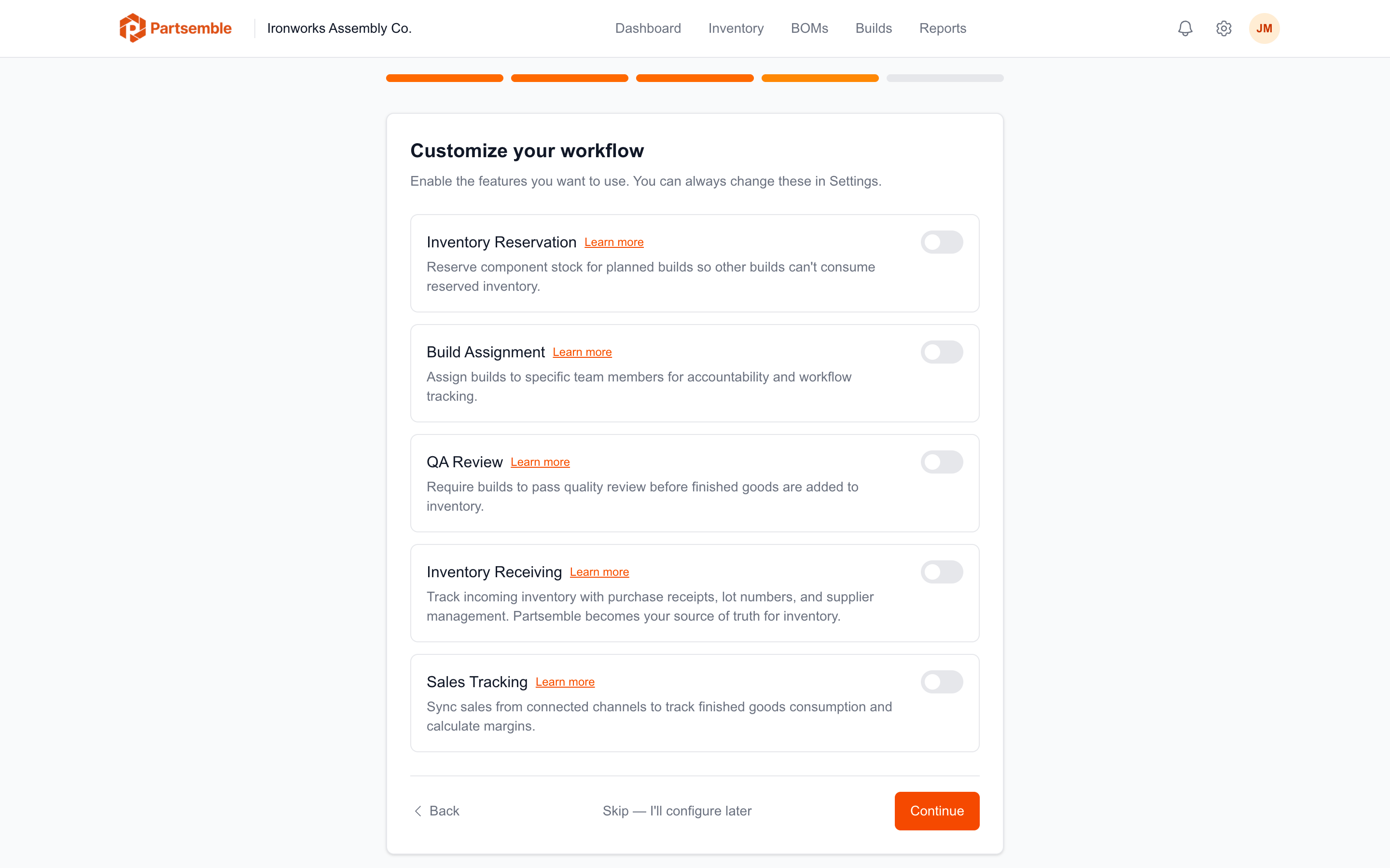 Onboarding wizard step with optional feature toggles