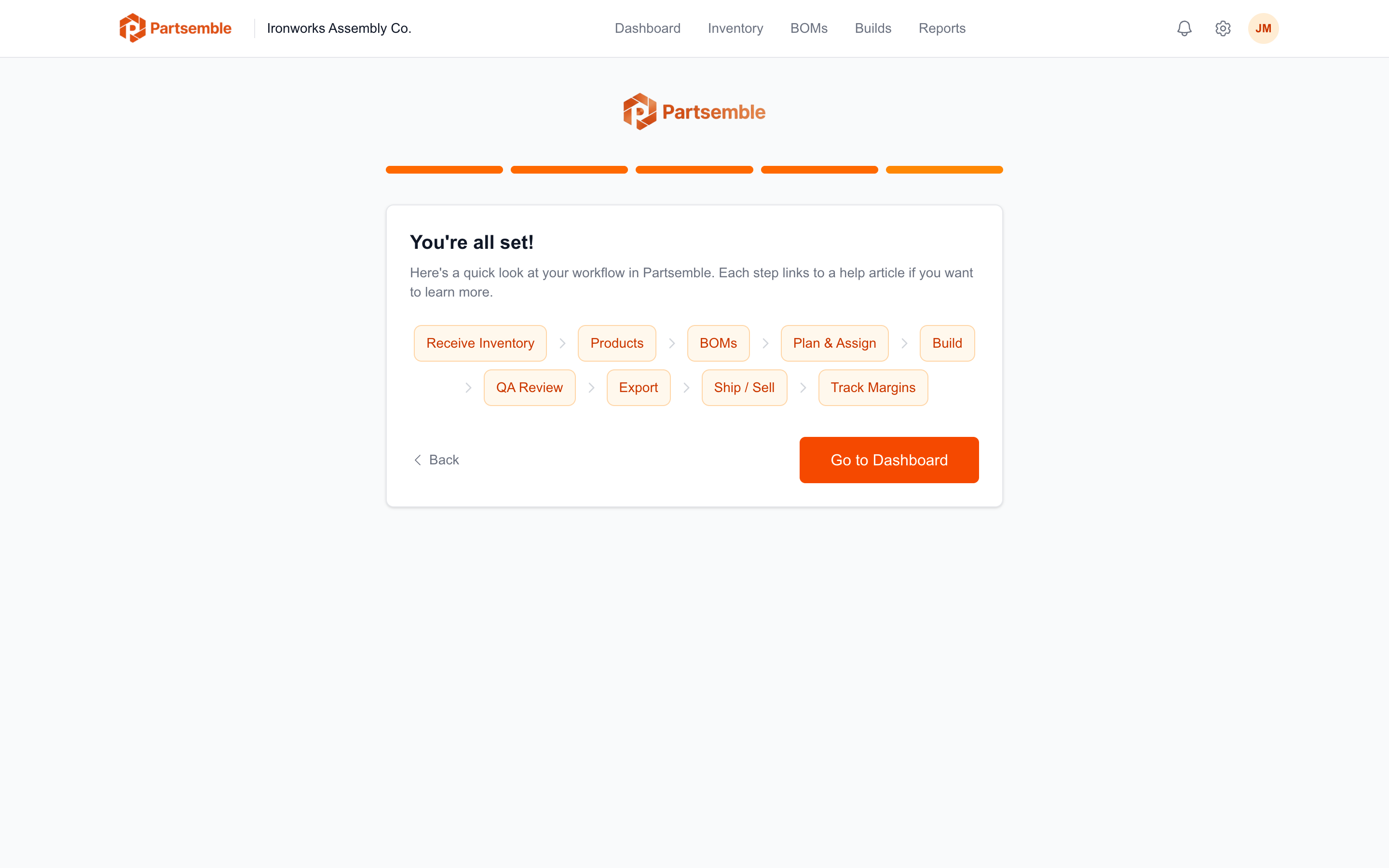 Onboarding wizard final step summarizing the Partsemble workflow