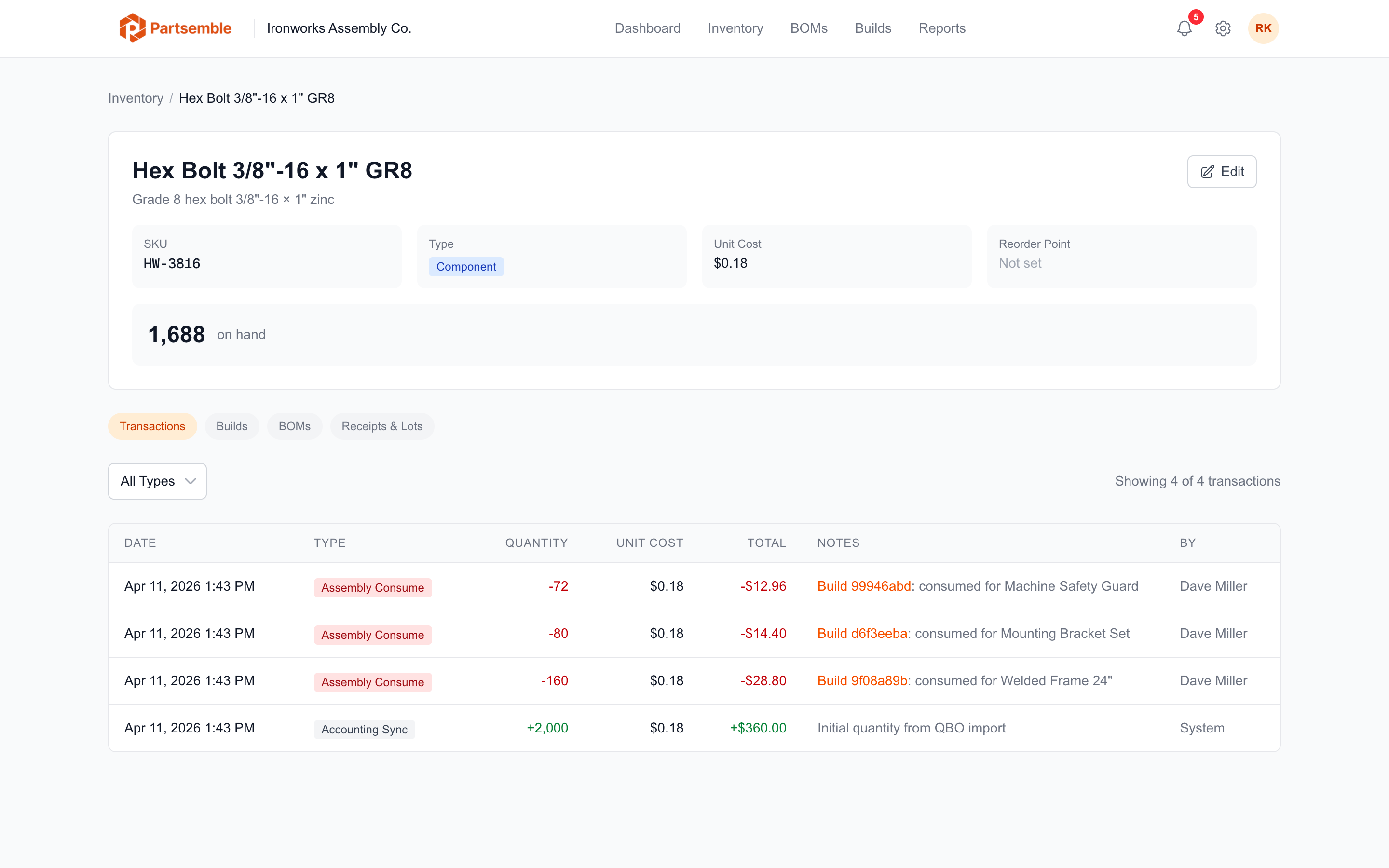 Product detail page showing stock on hand, unit cost, and product metadata