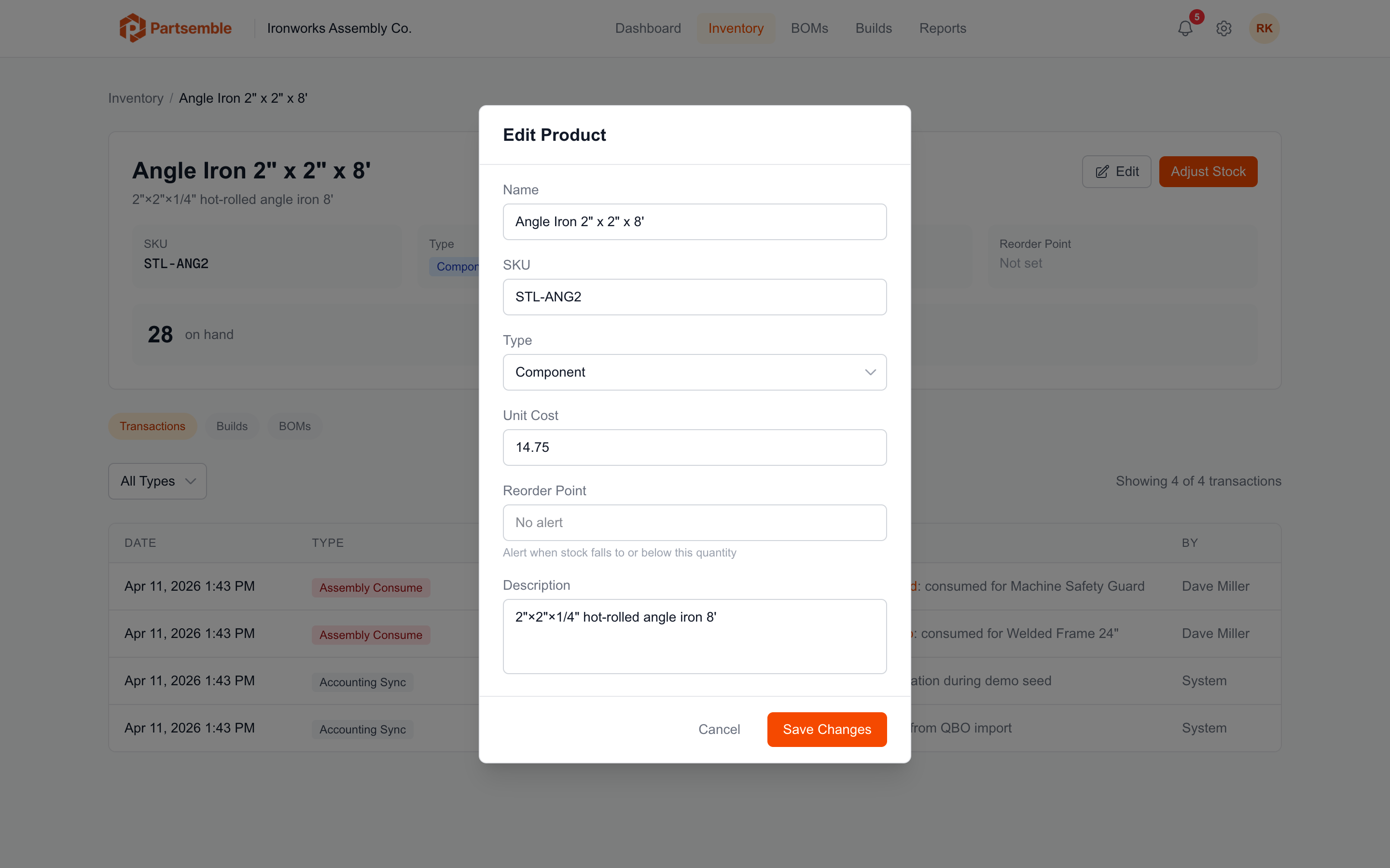 Product edit form with the reorder point field highlighted