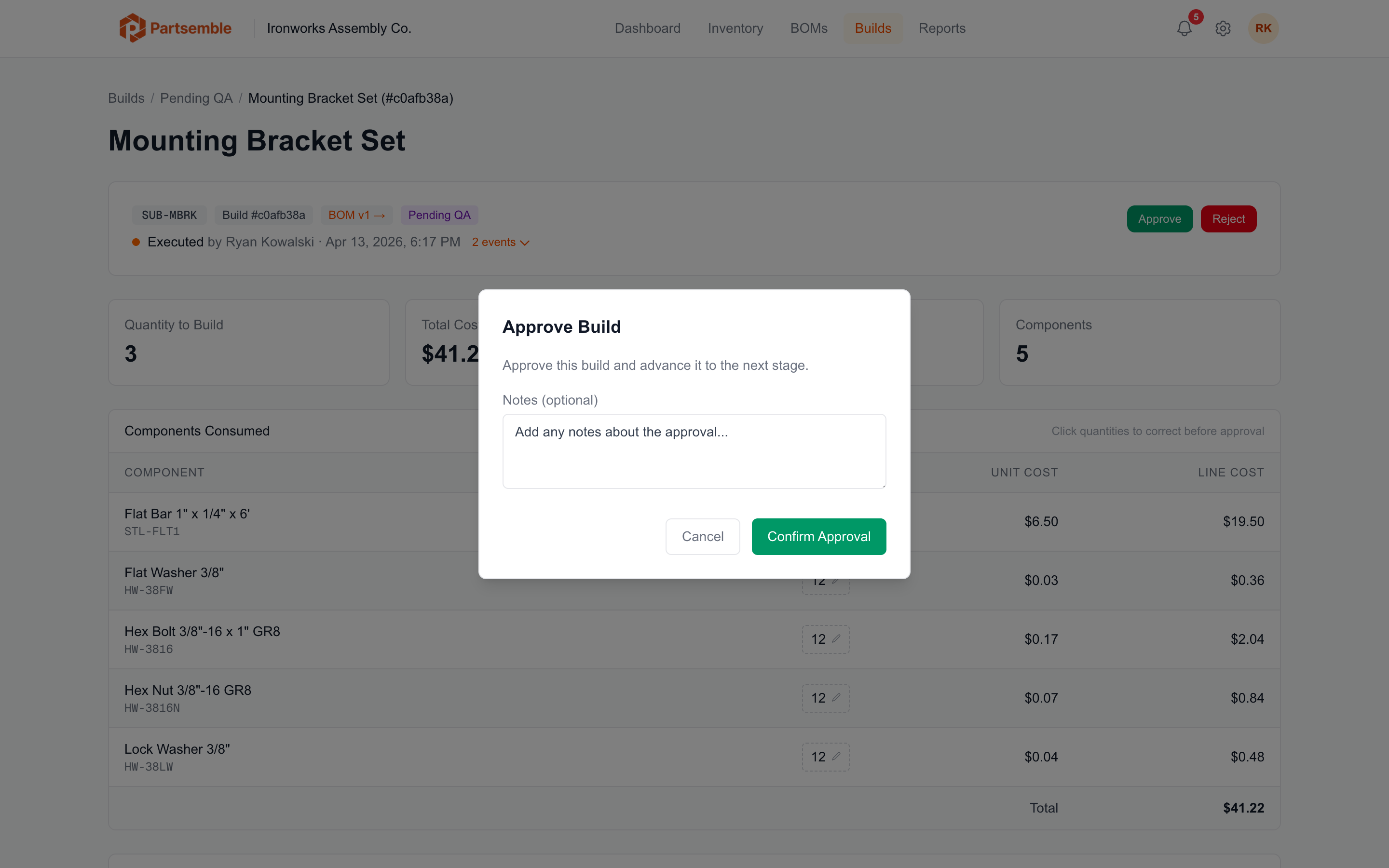 QA approval modal with confirmation and optional review notes