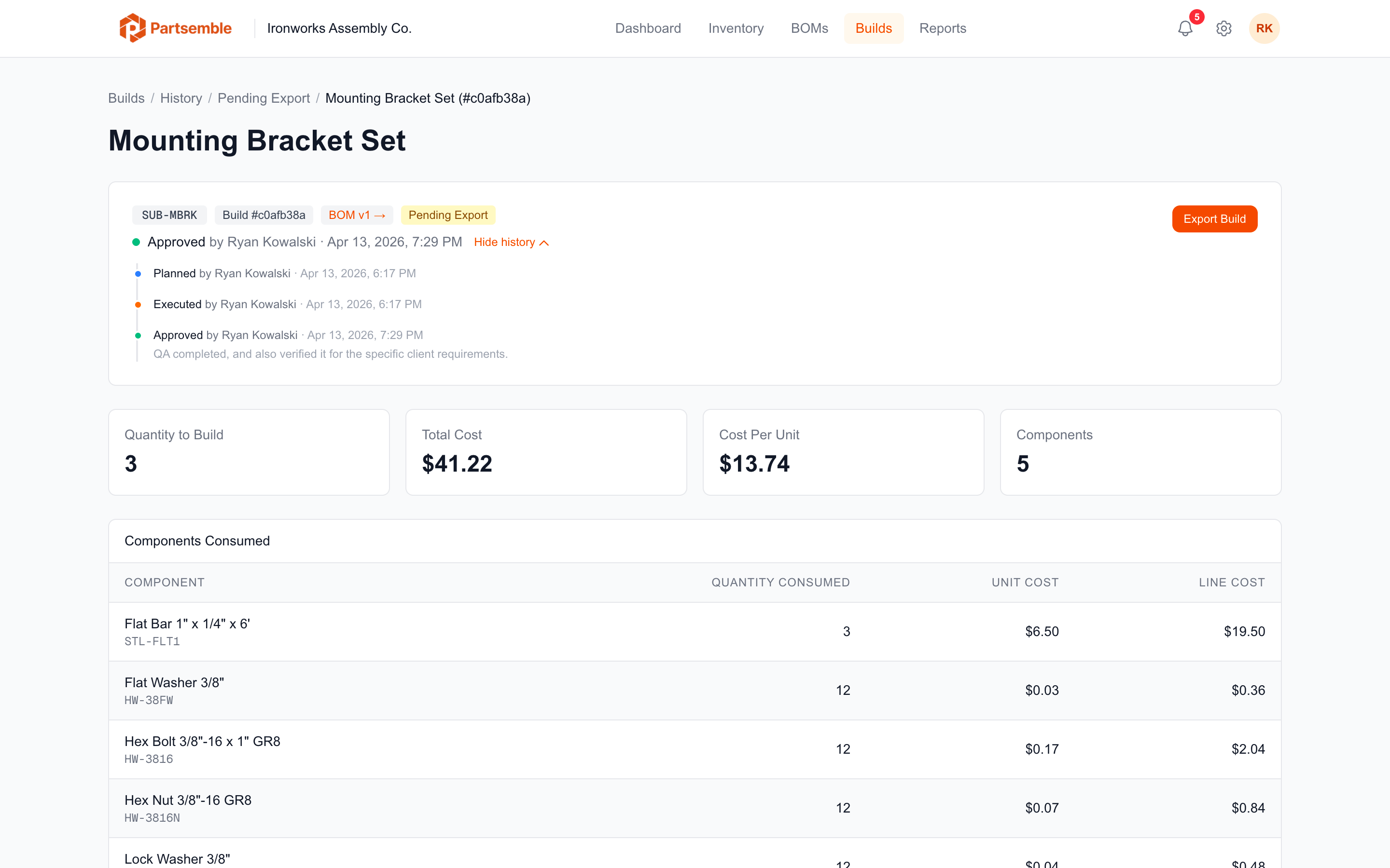 Build detail page showing an approved build with reviewer and approval timestamp