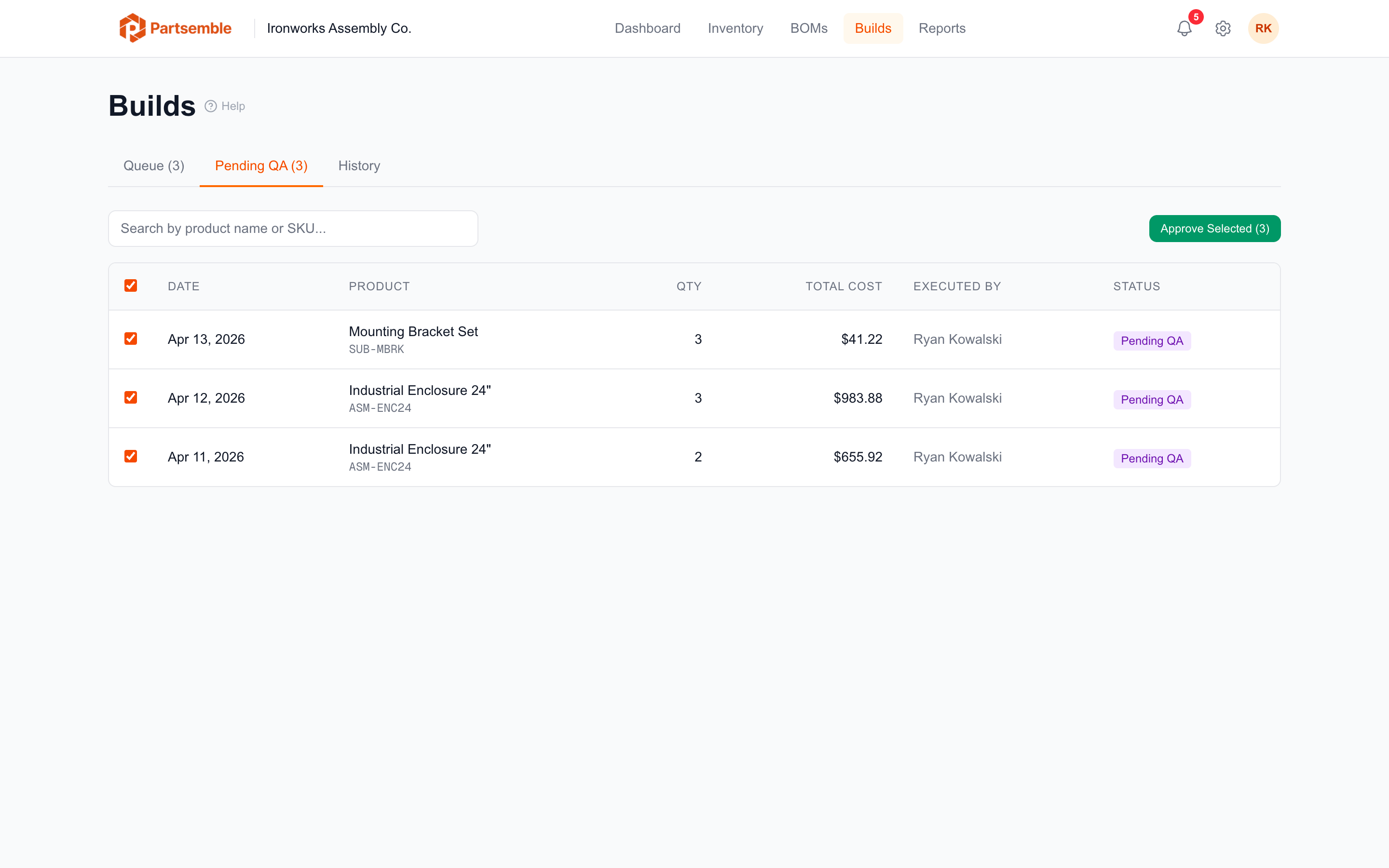 Builds pending QA review awaiting approval or rejection
