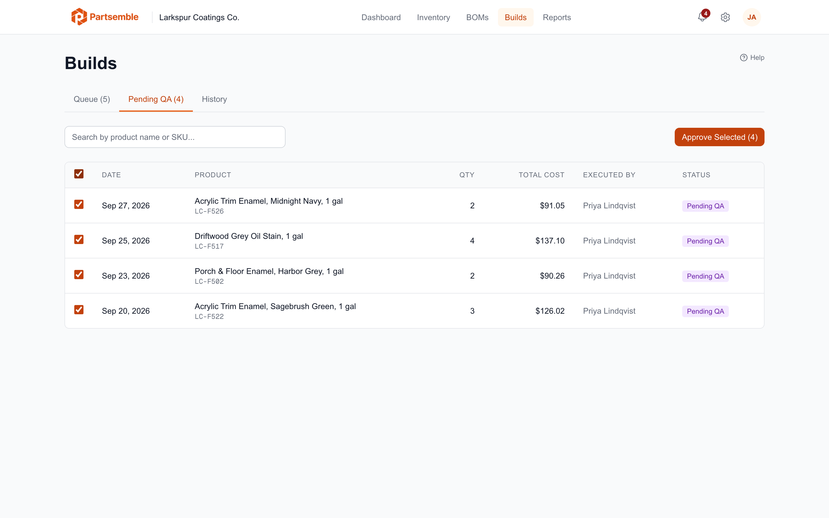 Builds Pending QA tab with four builds ticked and the Approve Selected (4) button