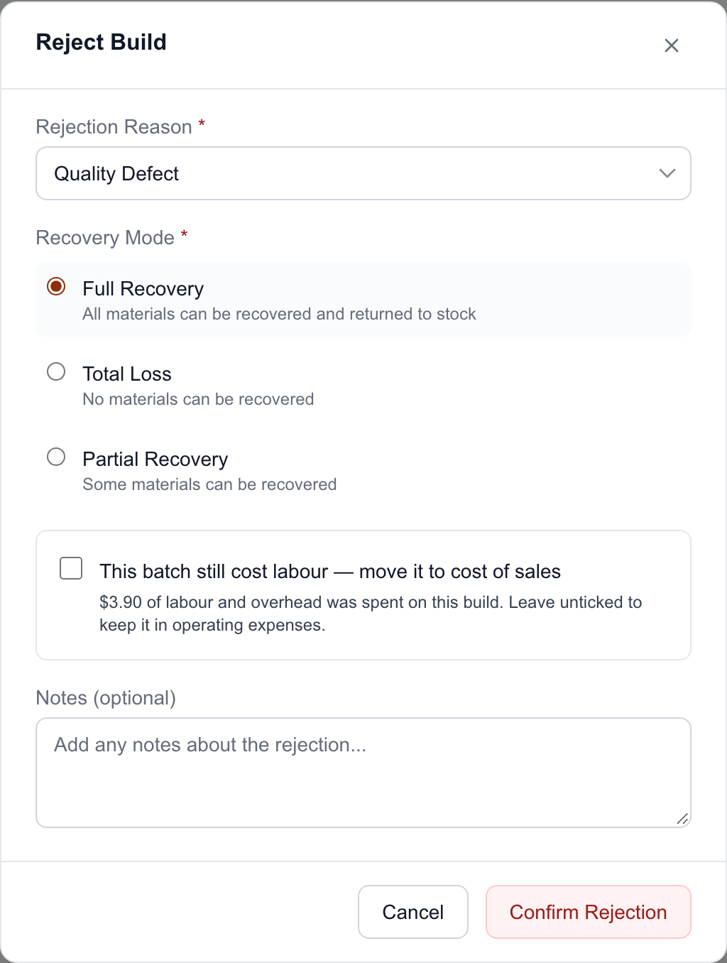 Reject Build dialog showing the Recovery Mode choices with Full Recovery selected