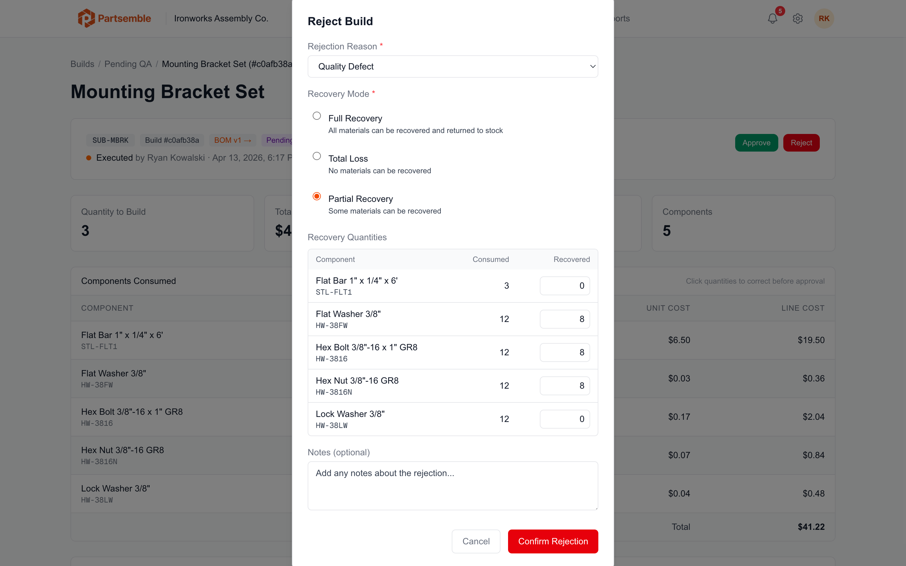 QA rejection modal showing the recovery mode selector