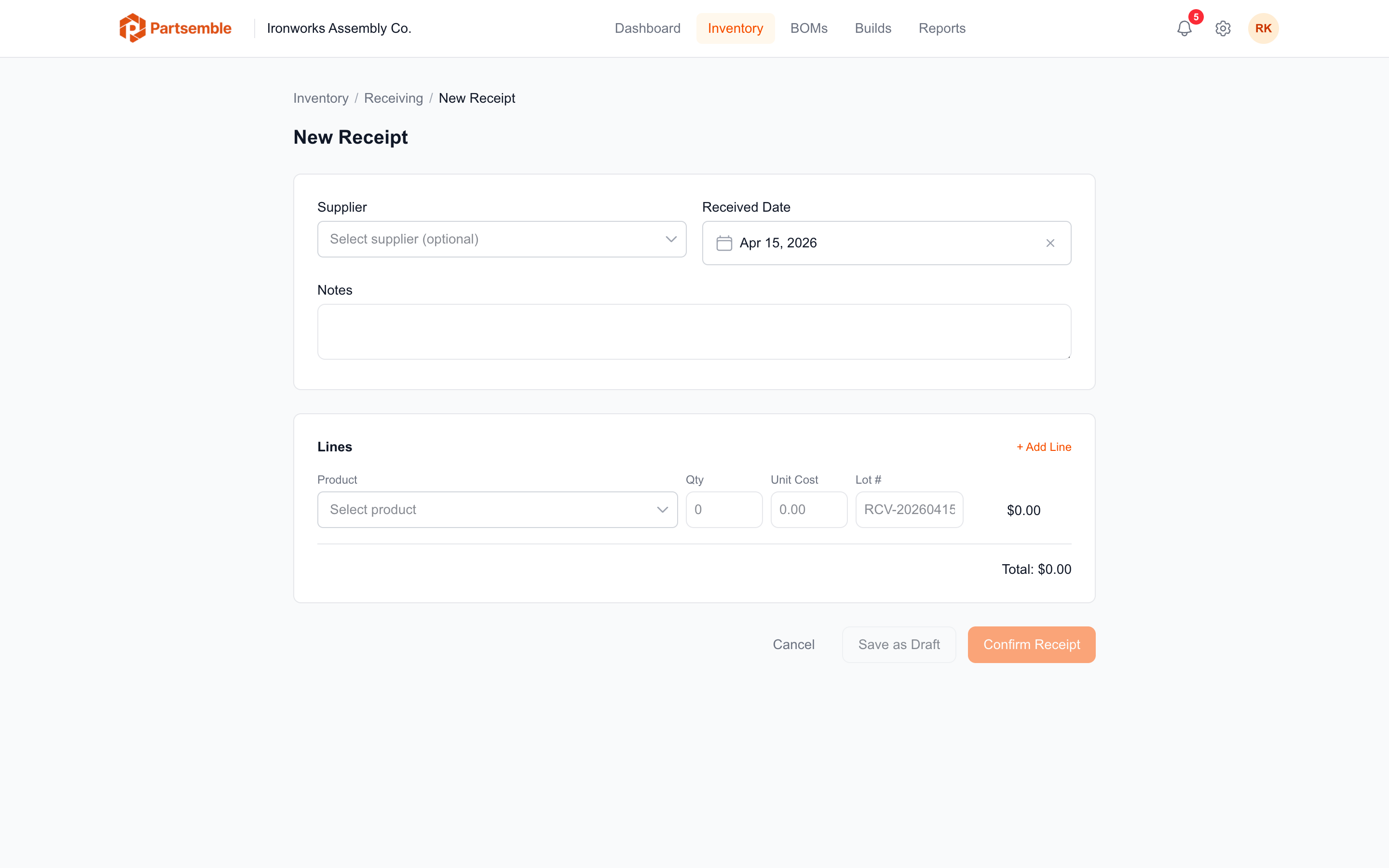 New receipt creation form with supplier, date, and line items