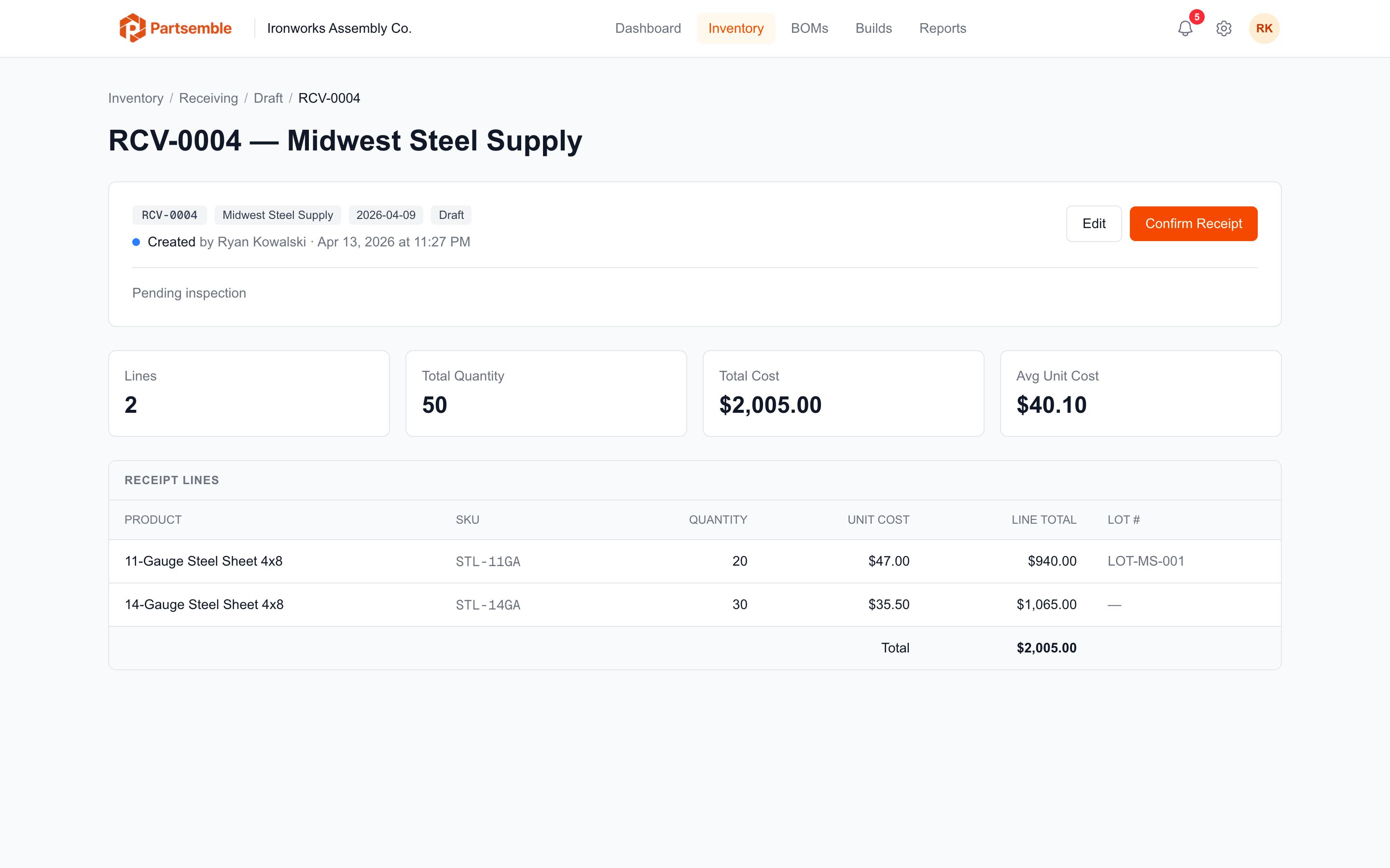 Draft receipt detail page with editable lines and totals
