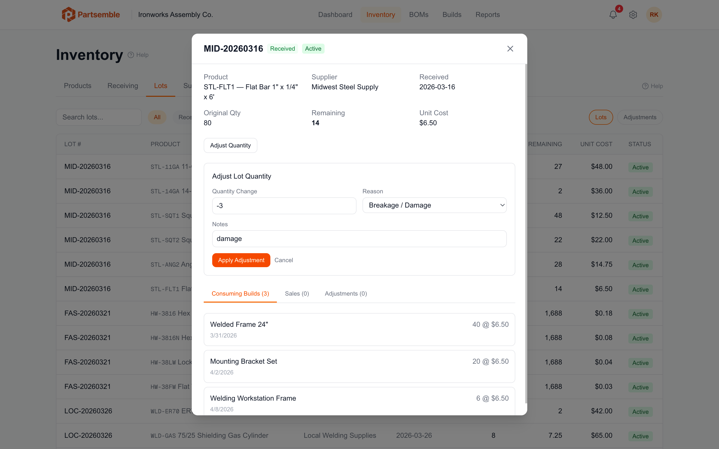Lot adjustment form with quantity change, reason, and notes fields