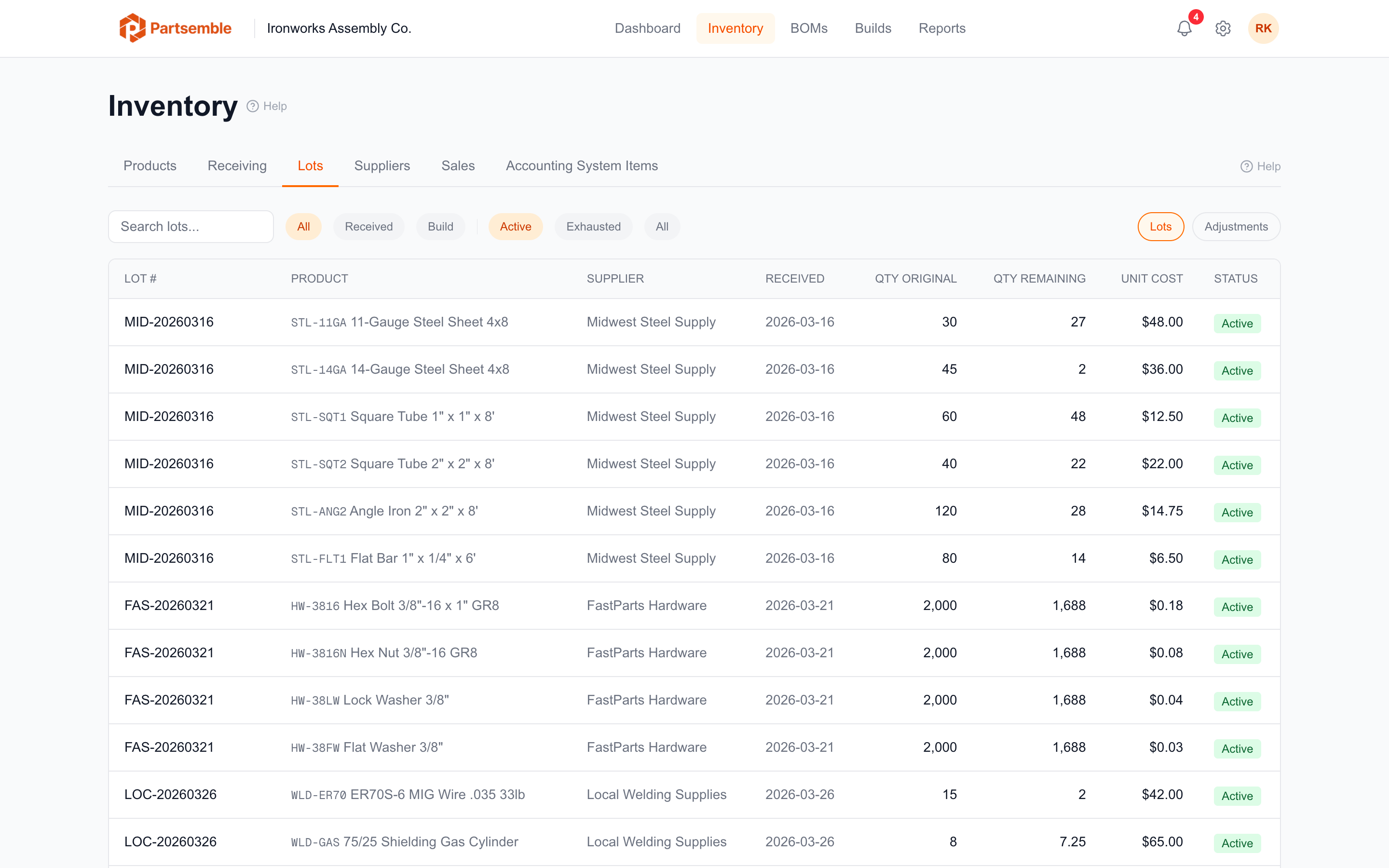 Lots list page showing active lots grouped by product with quantities remaining
