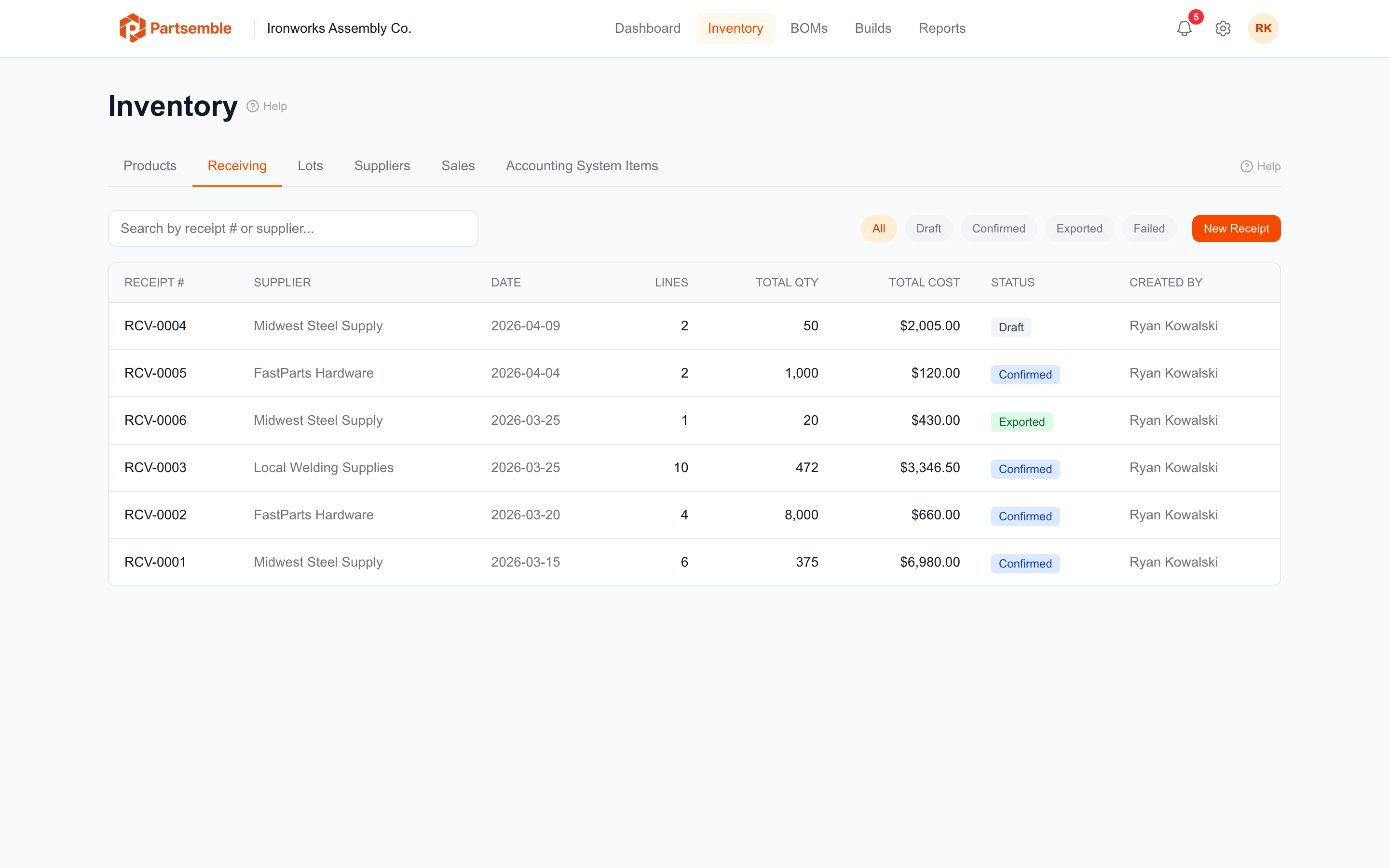 Receiving page listing draft and confirmed receipts with suppliers and totals
