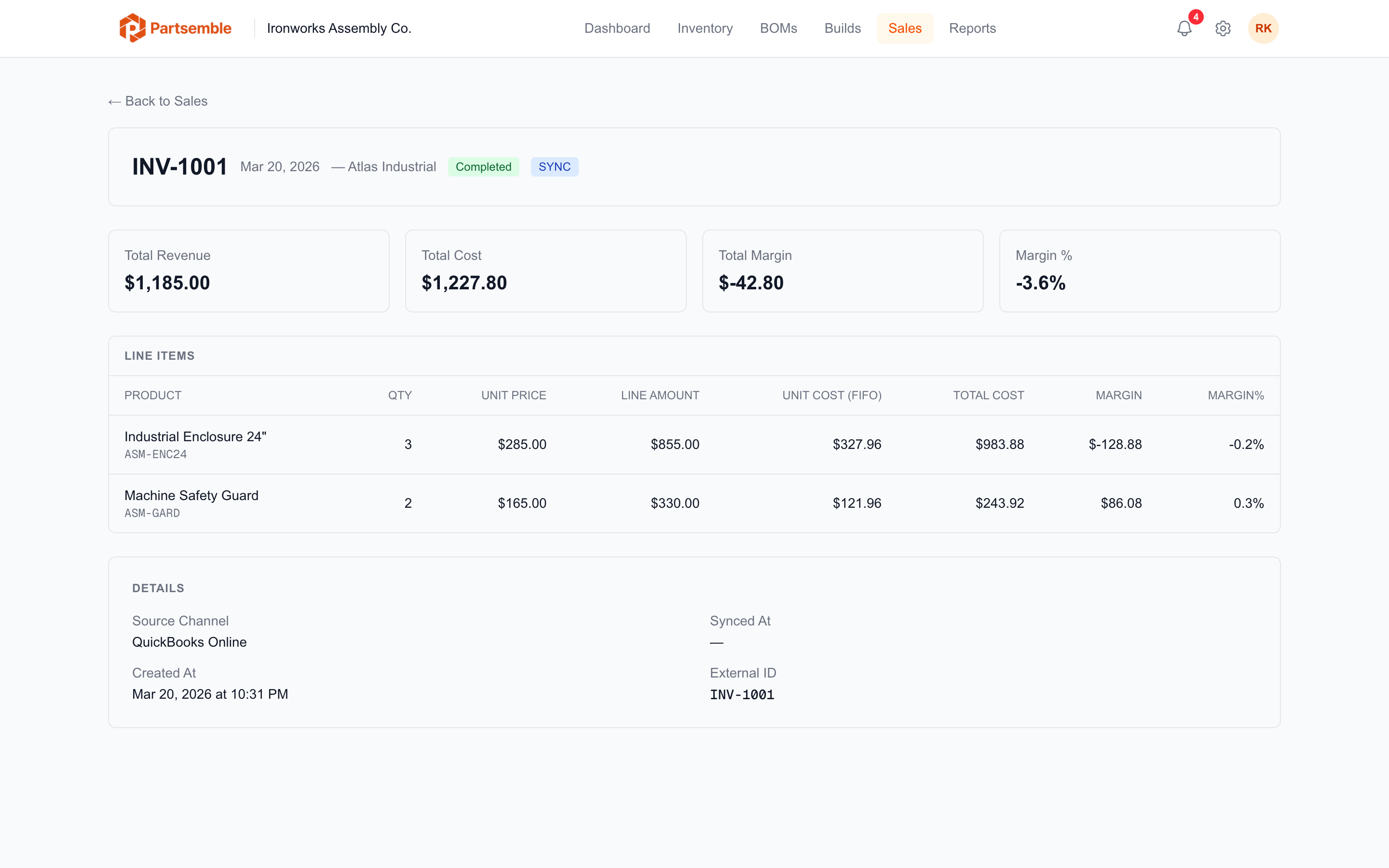 Completed sale detail page with per-line margins and lot consumption