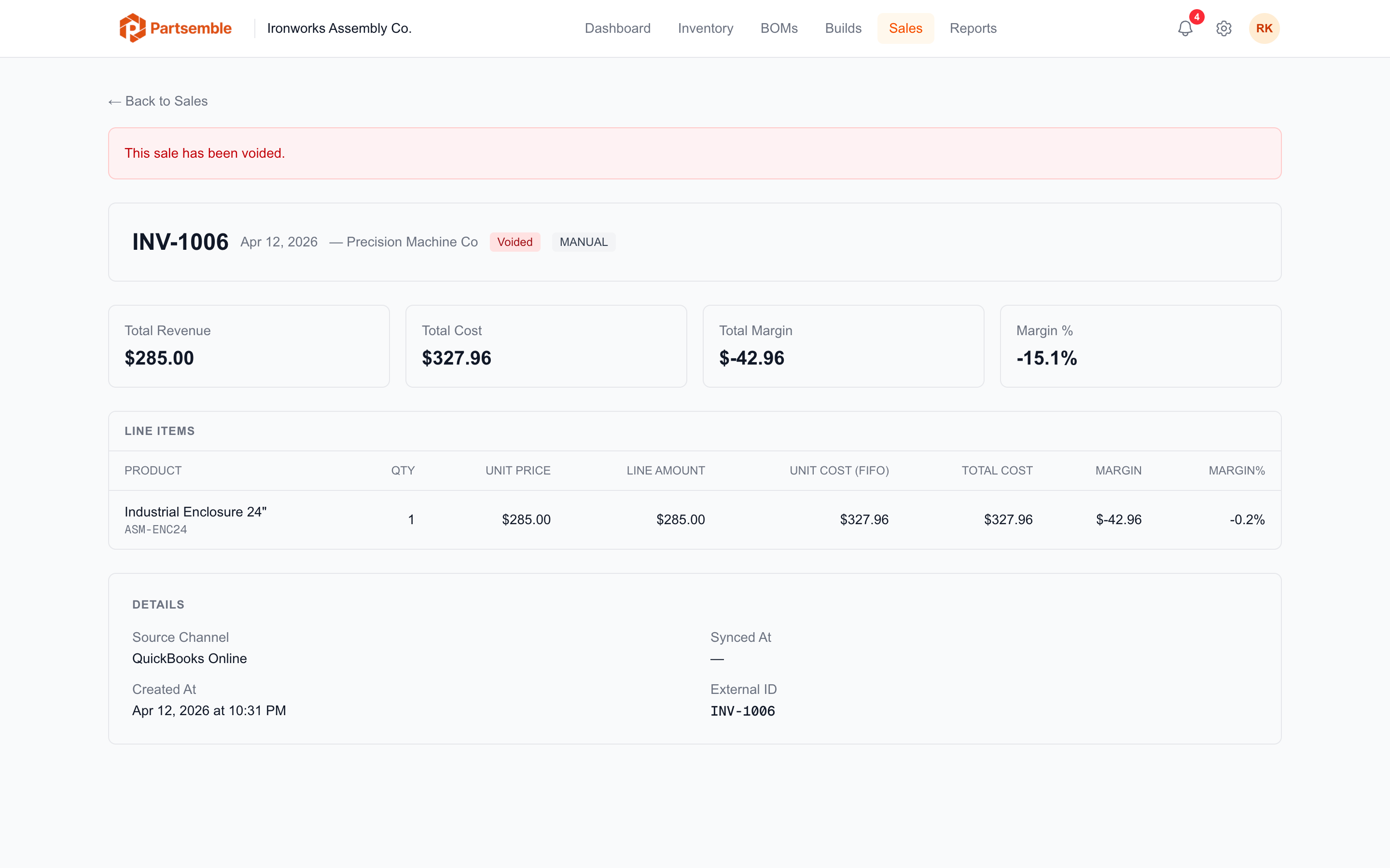 Sale detail page showing a voided invoice with reversal transactions