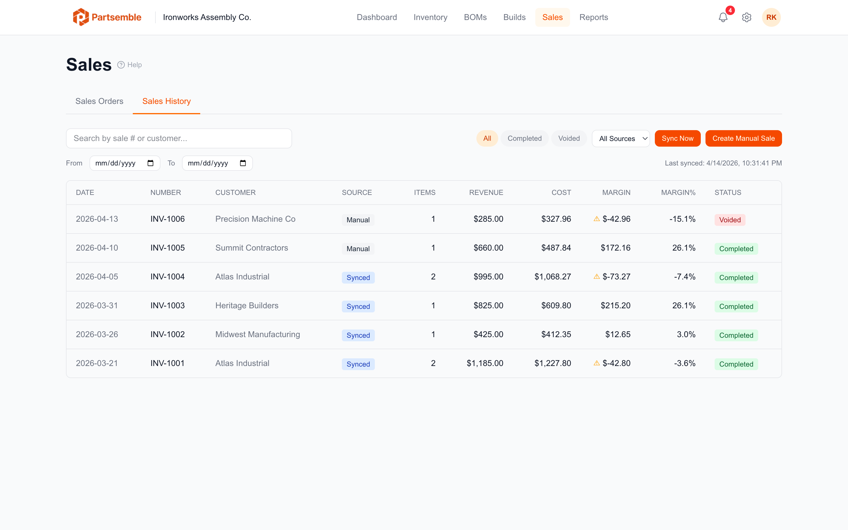 Sales list page with revenue, cost, margin, and sync status per transaction