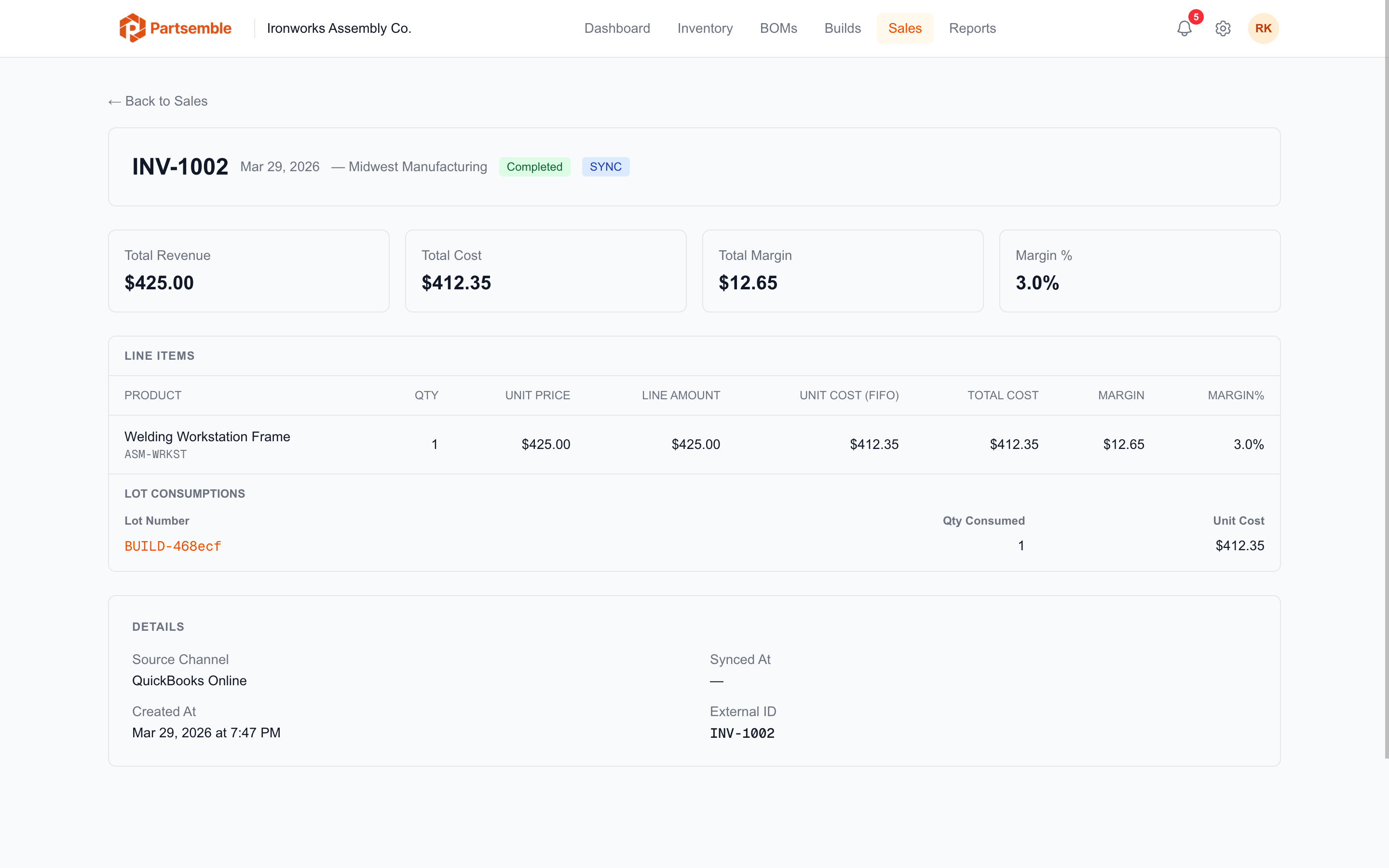 Sale detail page showing lot consumption per line with FIFO allocations