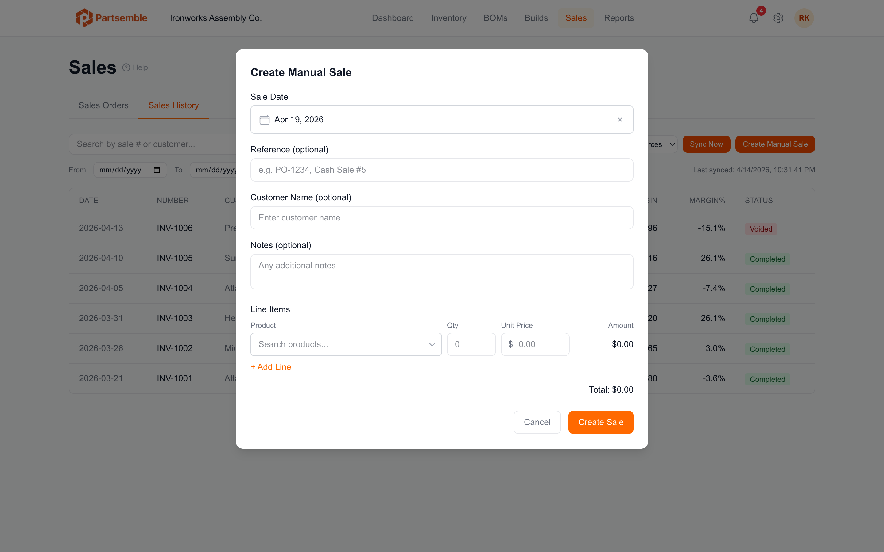 Manual sale form with customer, date, and line items