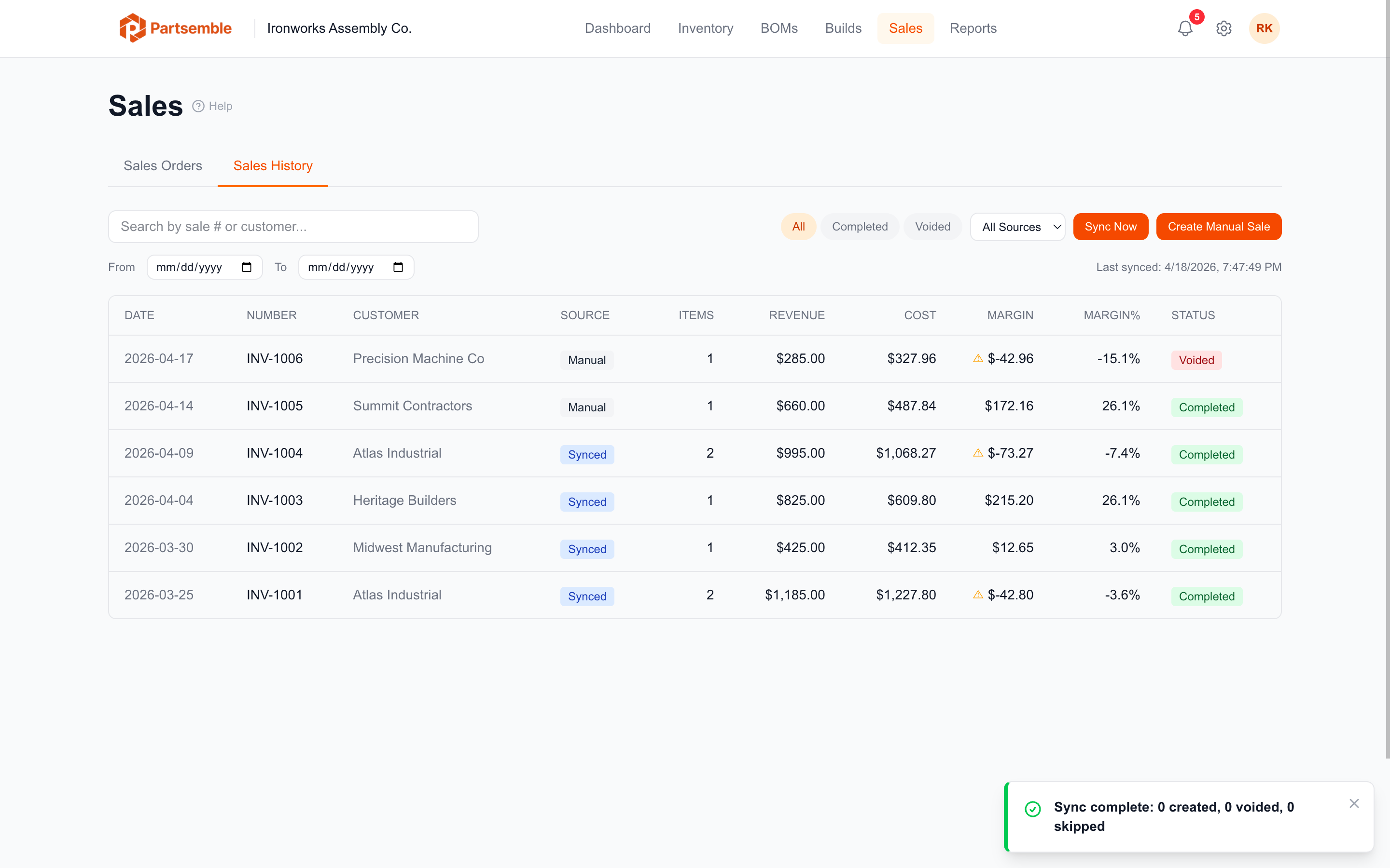 Sales page with Sync Now action and last-sync summary