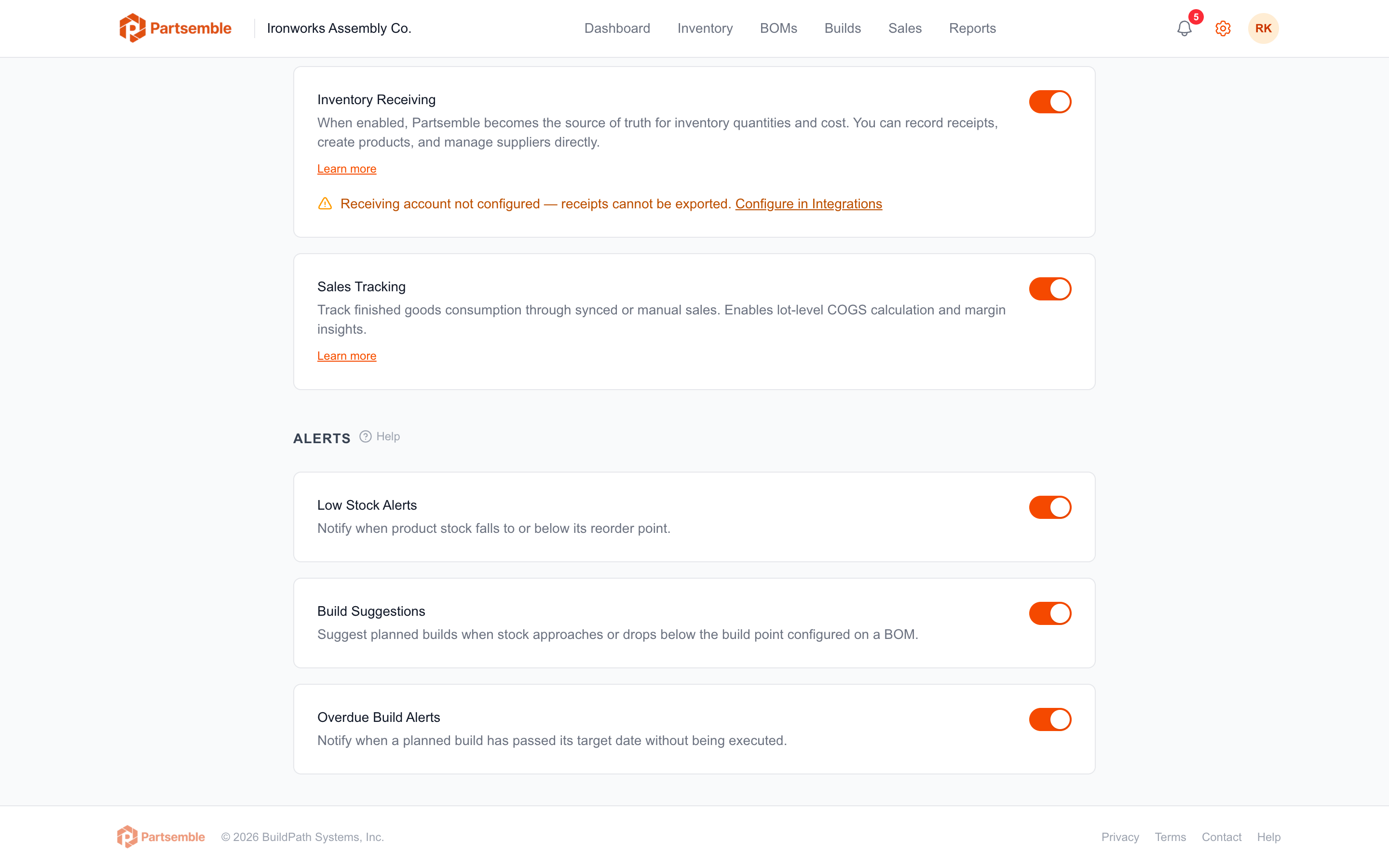 Settings Alerts tab with toggles for low stock, build suggestions, and overdue builds
