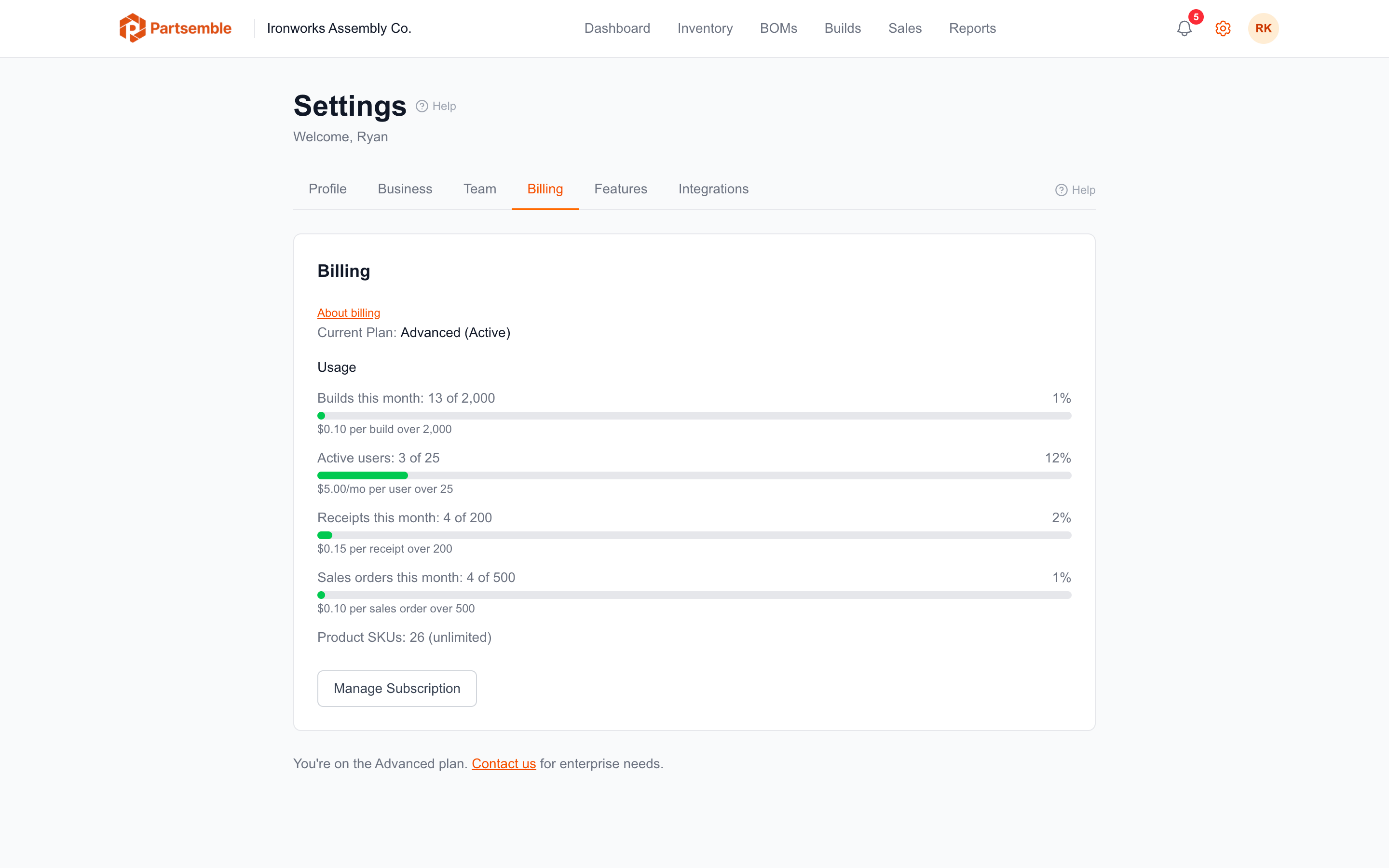 Settings Billing page showing current plan, usage bars, and next billing date