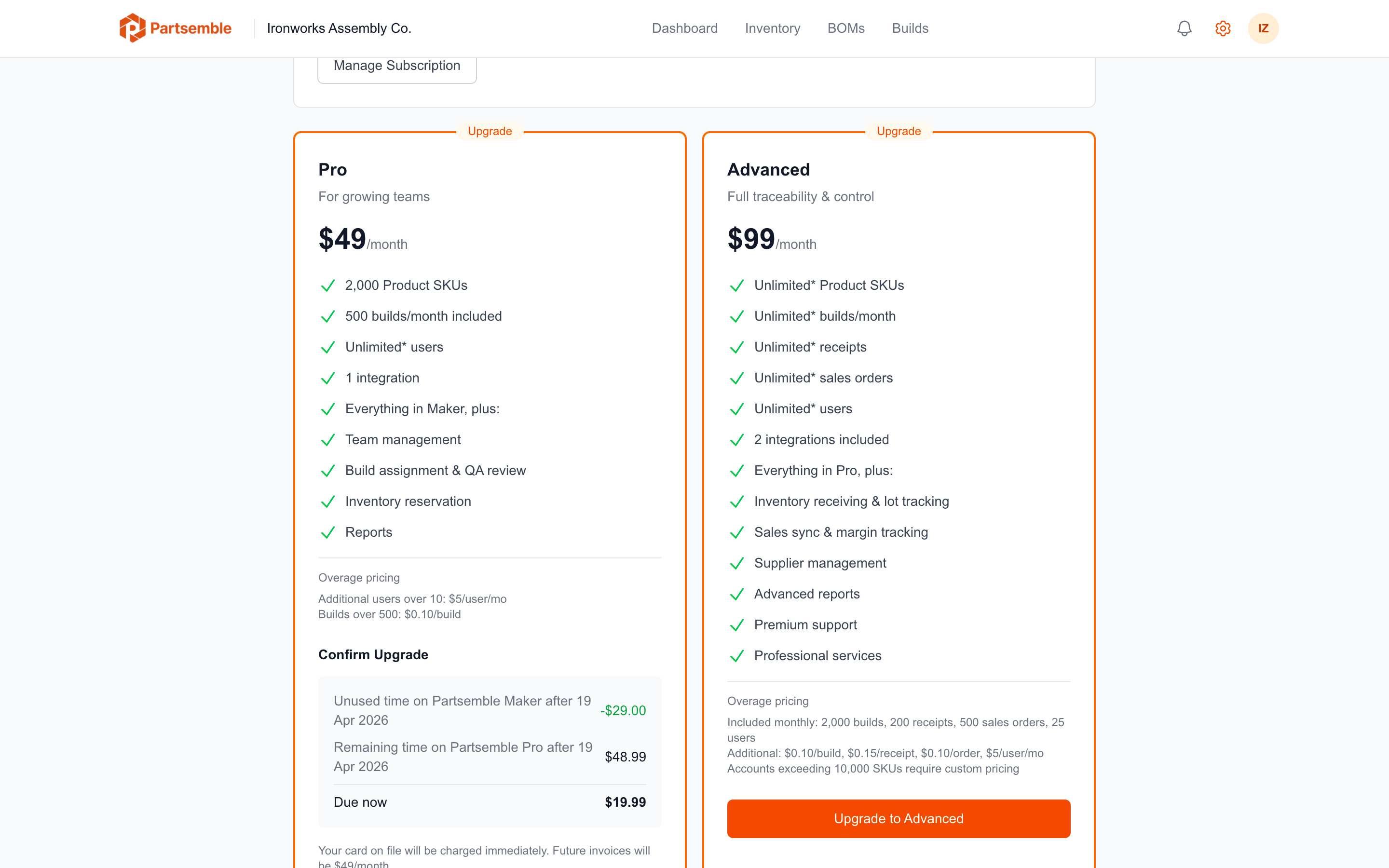 Billing page with plan selector showing Maker, Pro, and Advanced tiers