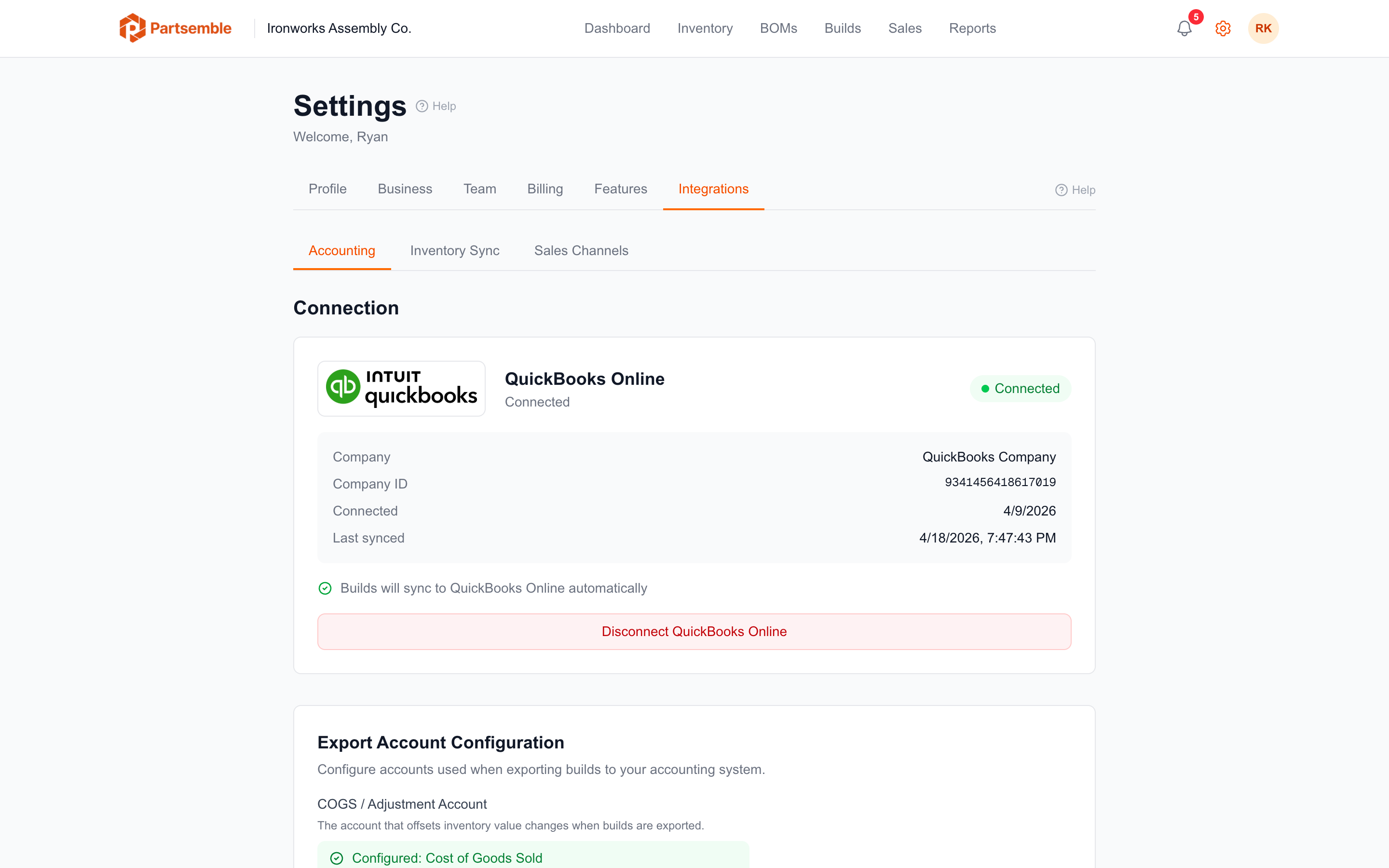 Settings Connections tab showing a successfully connected QuickBooks company
