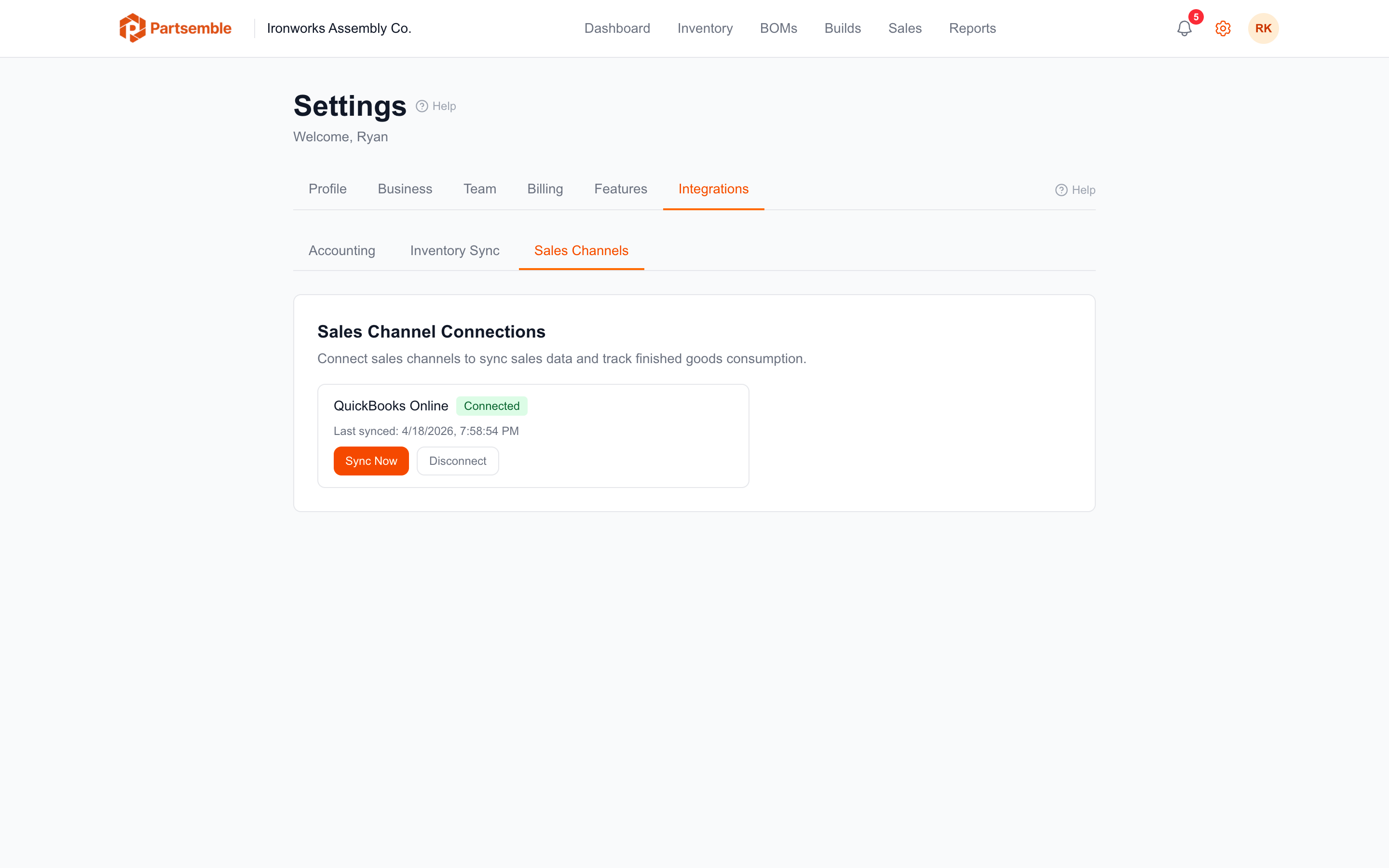Settings Connections tab showing the sales channel connection