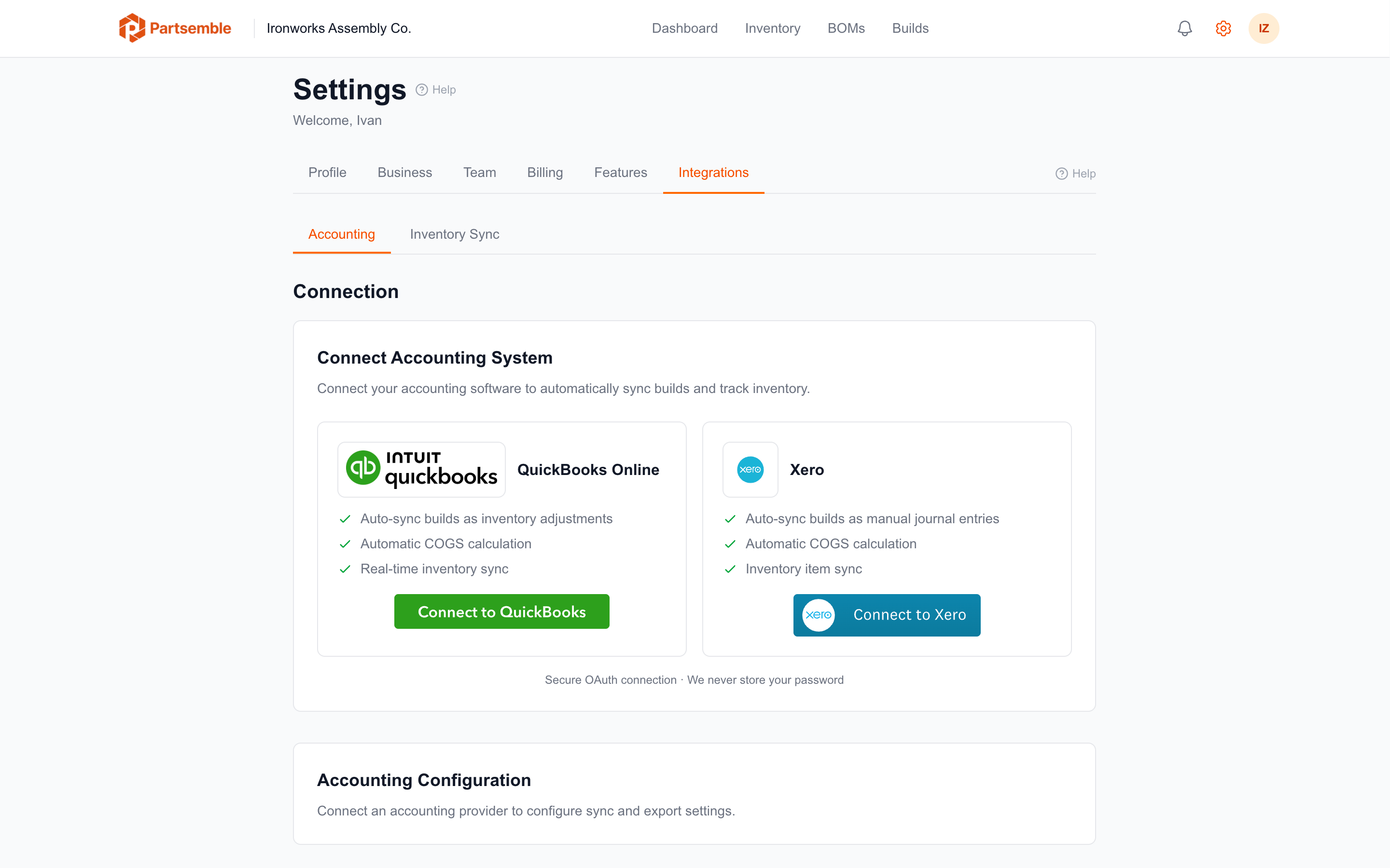 Settings Connections tab showing a connected Xero organization