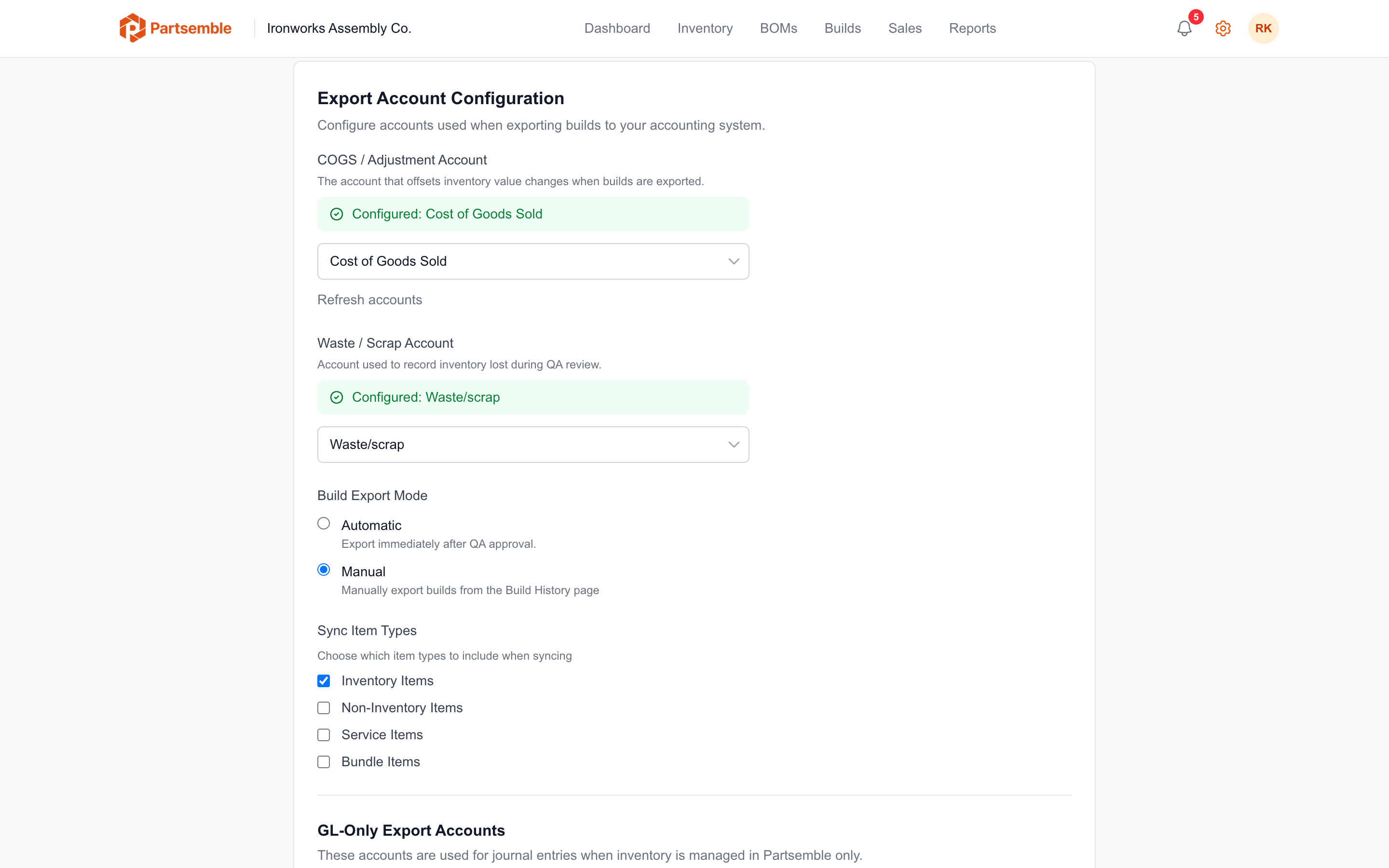 Settings Export page with COGS, waste, and receiving account dropdowns