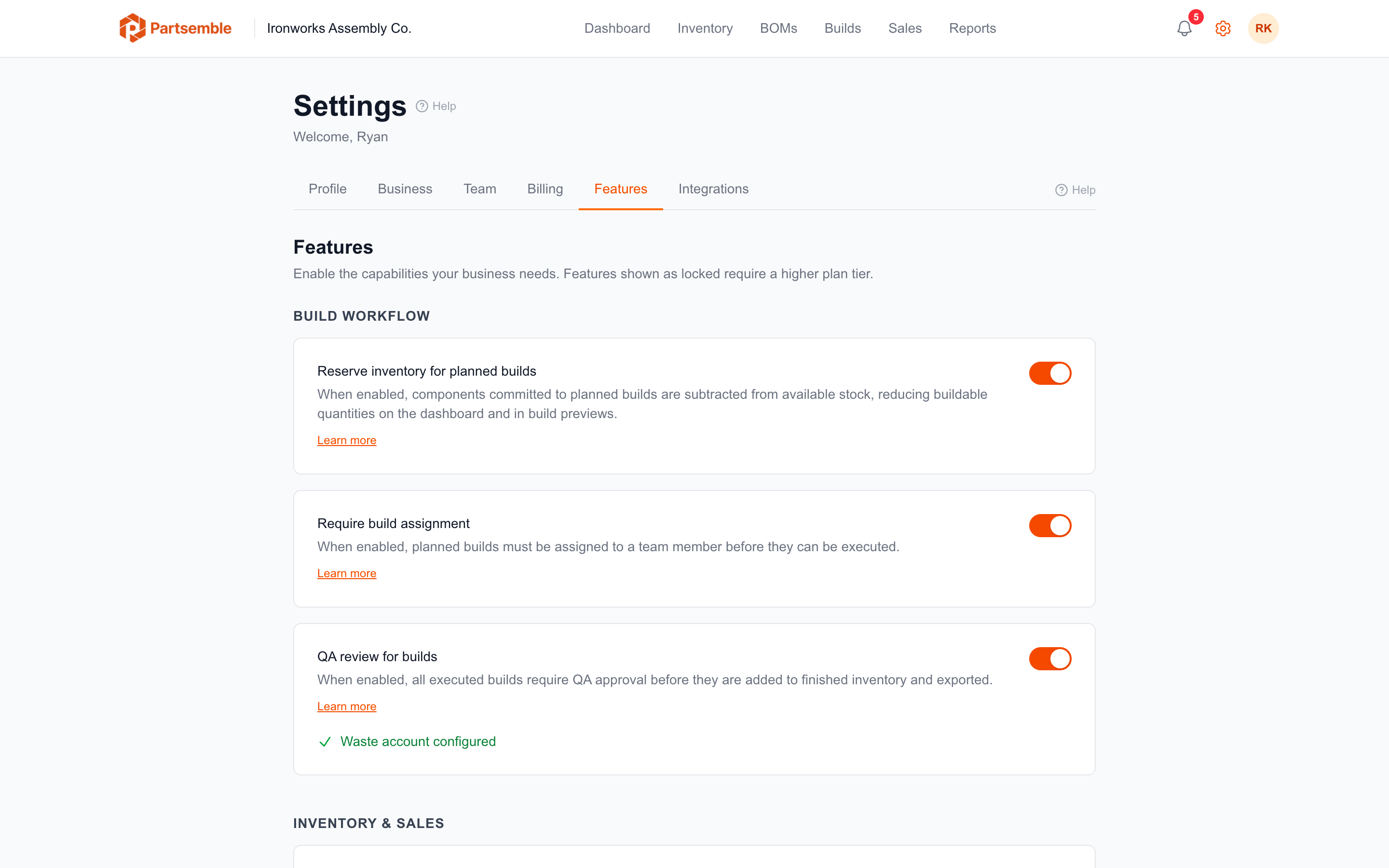 Settings Features tab with toggles for QA review and other optional features